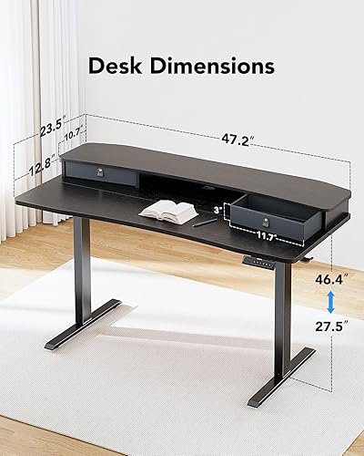 Miniatura 2 de HUANUO Escritorio eléctrico de pie de 48 x 24 pulgadas con 2 cajones, compatible con montaje con abrazadera en C, escritorio de computadora de