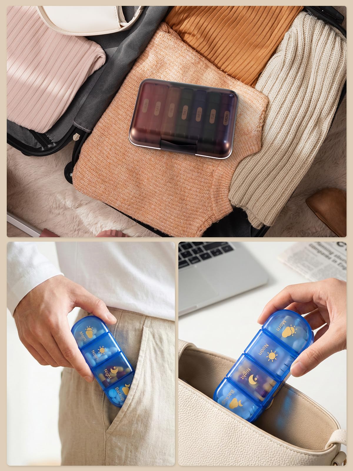 Pastillero semanal para 7 días, 4 veces al día (mañana/mediodía/noche/respaldo), compartimentos grandes para tabletas, vitaminas, aceites de pescado y suplementos, estuche portátil para medicamentos