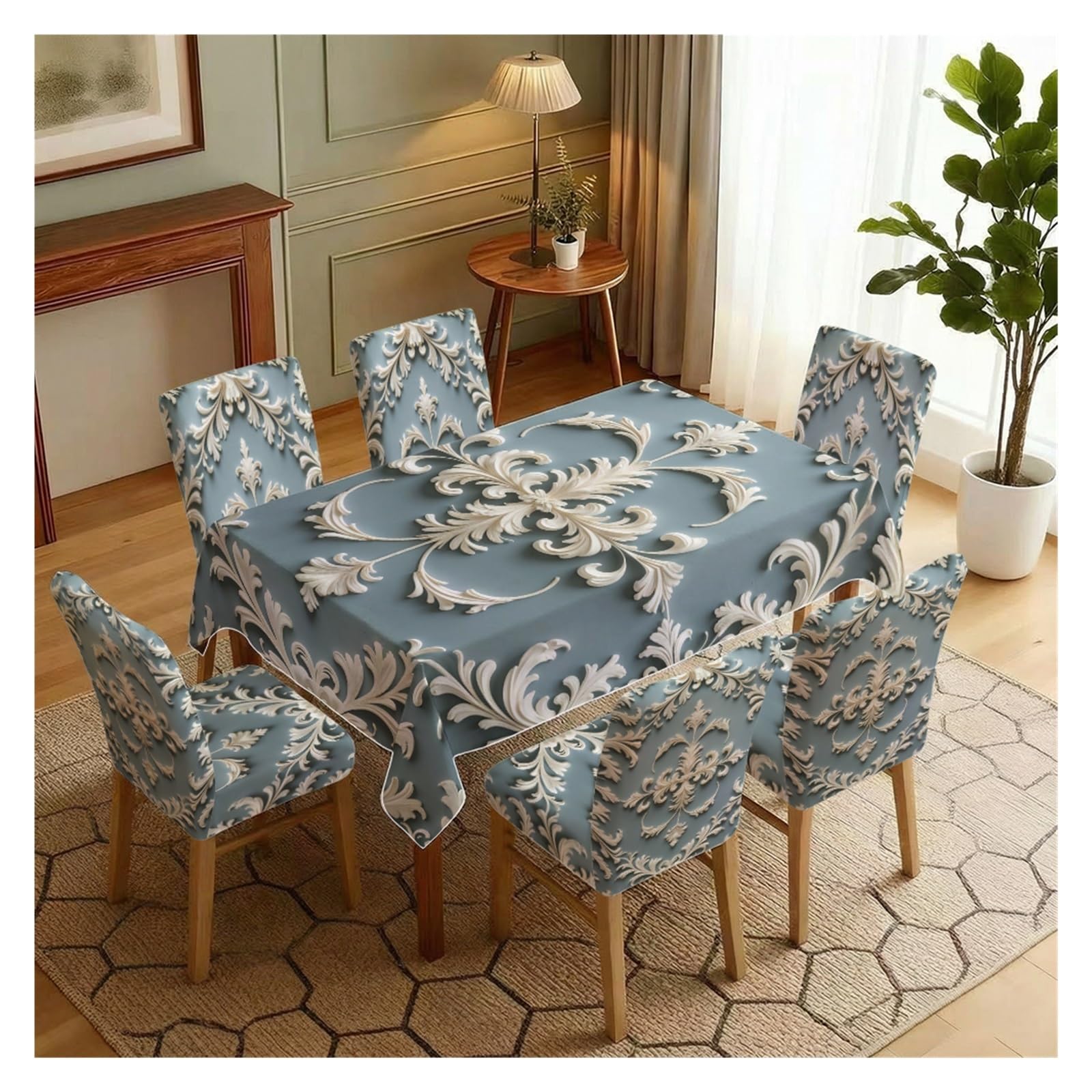 BOSUYBN Dusty Blue Vintage Cream Baroque Damask Dining Tablecloth & Chair Covers Set, 5/7 Piece Classic Elegant Neutral Farmhouse Dining Decor Table Setting(7pcs Set: Tablecloth+Chair Covers)