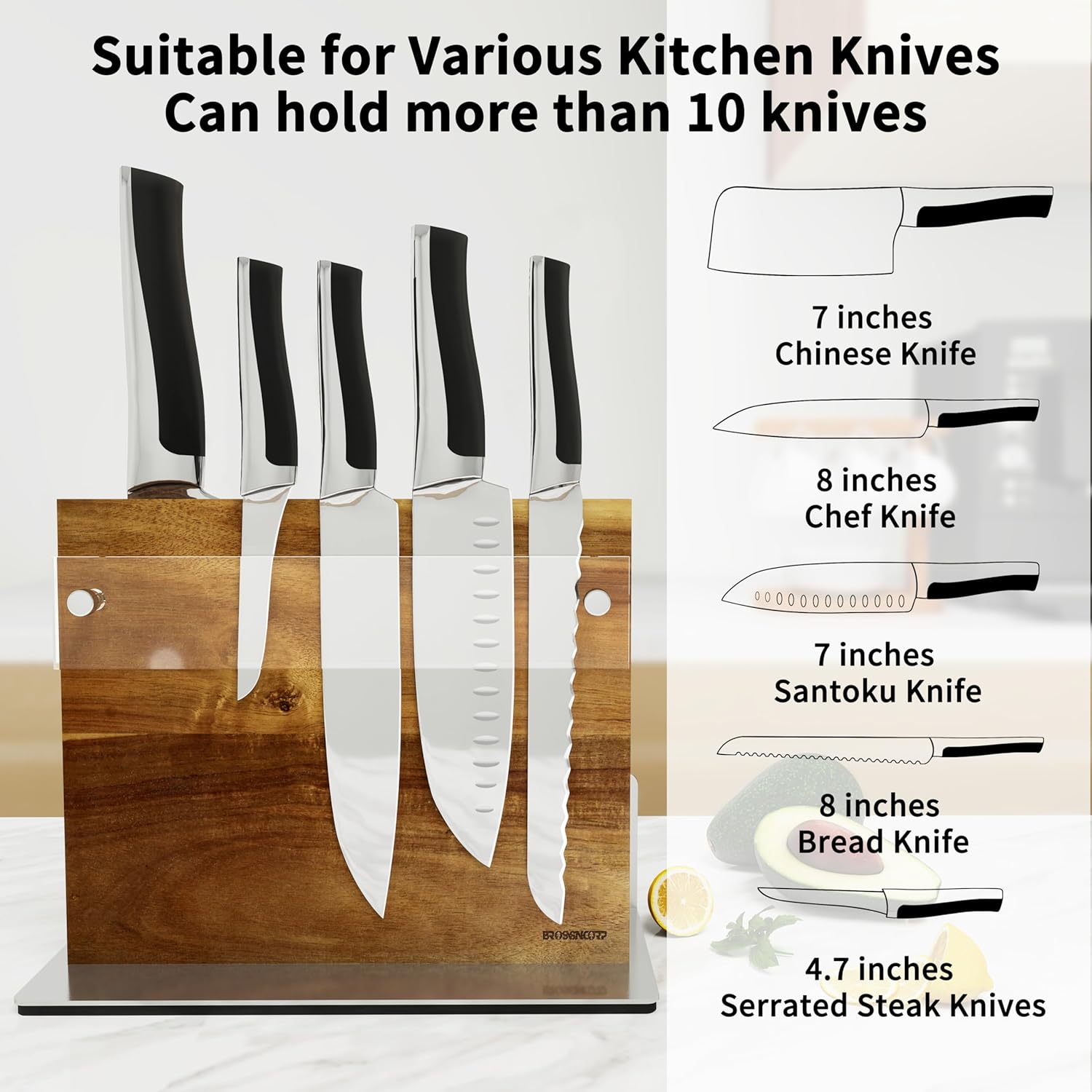 Brosisincorp Acacia Magnetic Knife Block Double-Sided for Kitchen Counter Top - Heavy Duty Base & Shatter-Resistant Acrylic Shield, Holds 10-12 Knives, Space Saving Organizer (No Knives Included)