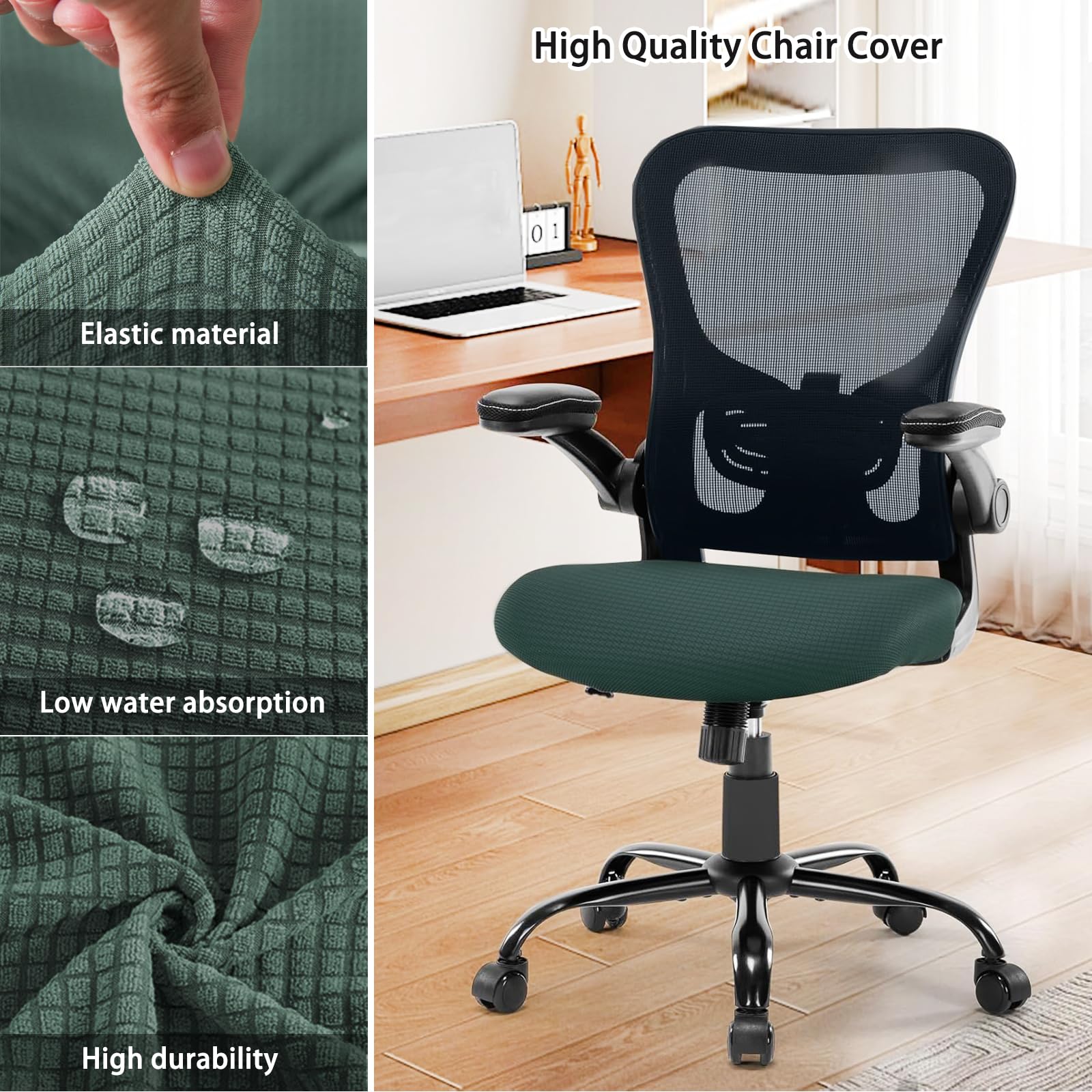 FYTXSZ Office Chair Seat Cover Universal Fit Dining Room Chair Covers Stretch Washable Slipcover Protector for Desk Swivel Computer Chairs (Black Green-2 Pack) - Image 3