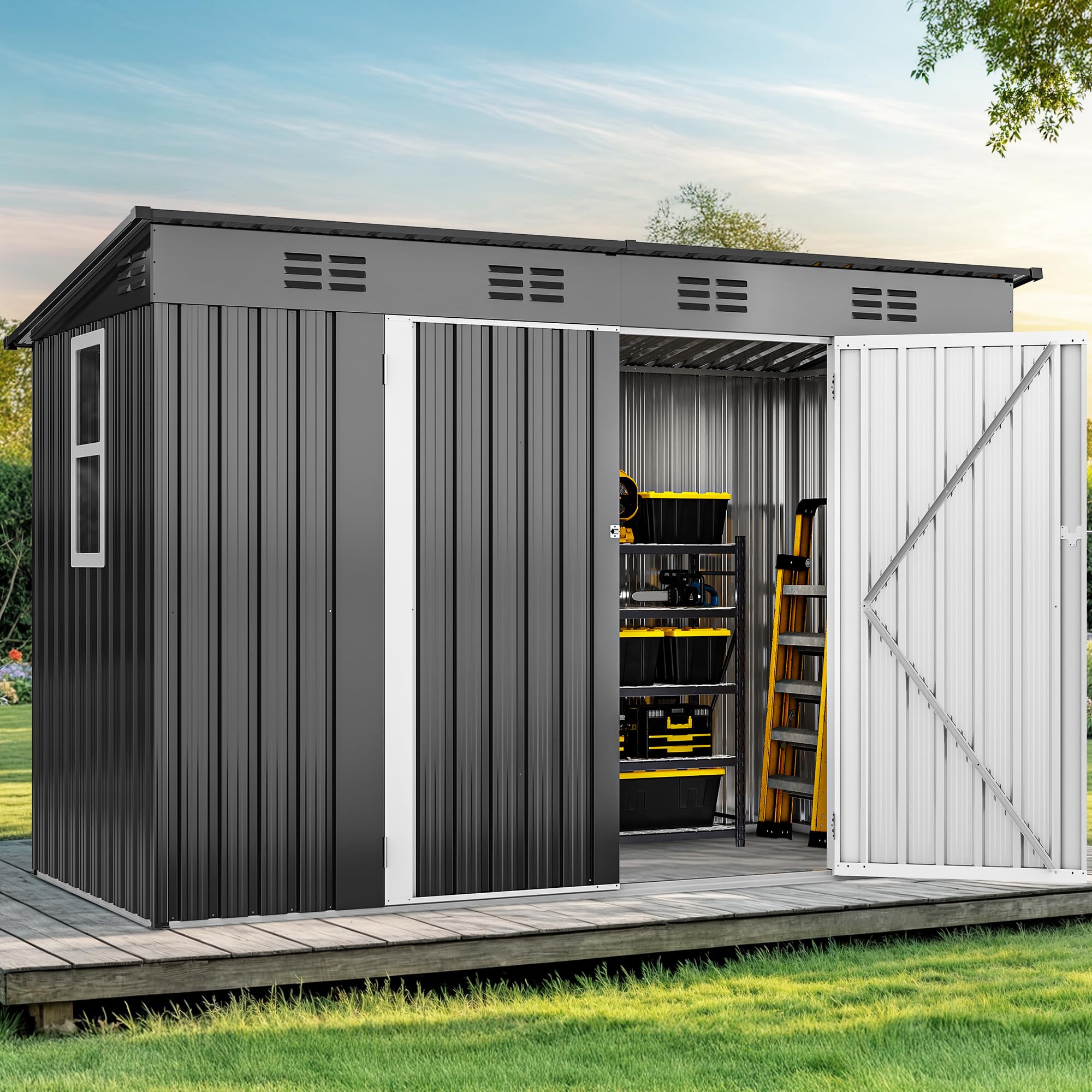 Photo 1 of DWVO 9' x 4' Outdoor Storage Shed with Windows, Lockable Double Doors, Sloped Roof, Heavy-Duty Steel Shed for Garden & Patio, Large Backyard Tool Organizer, Dark Gray