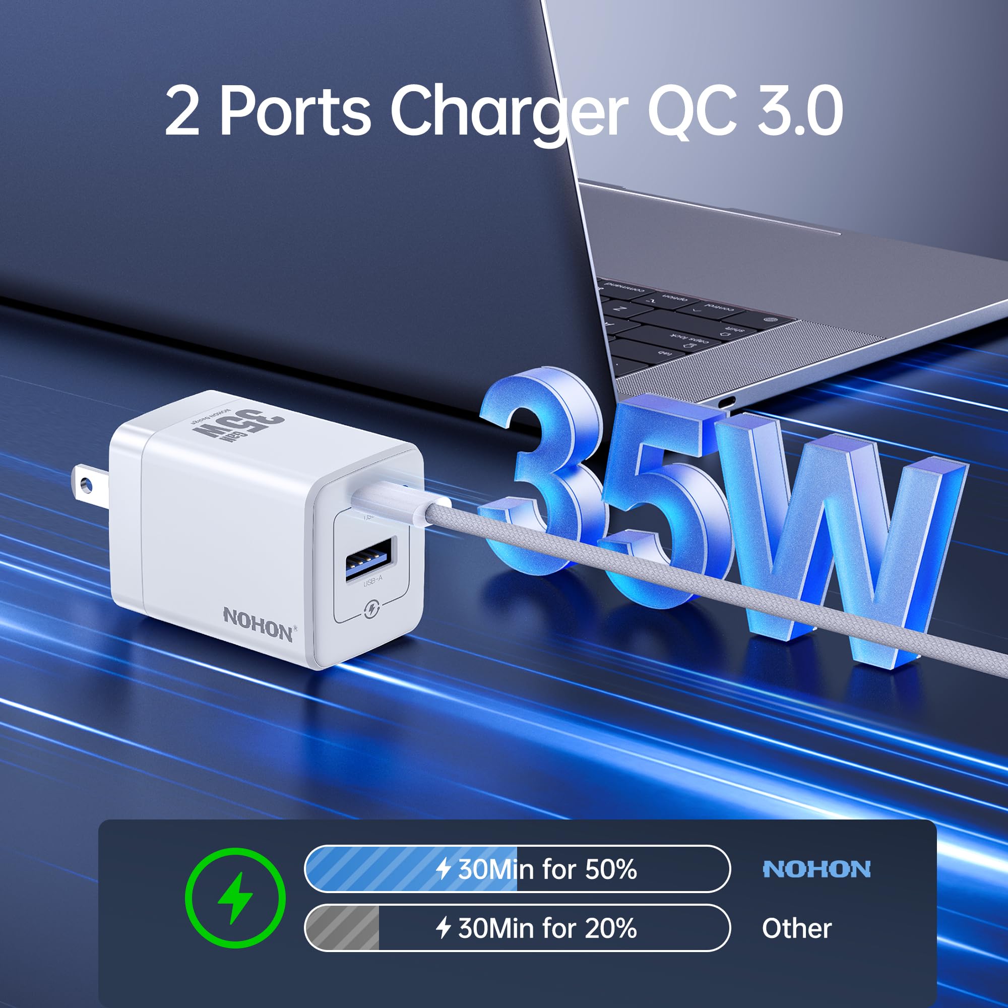 35W USB-C Wall Charger Block: NOHON GaN PD 3.0 Fast Charging Block, Foldable Compact Power Adapter with 3ft USB C to C Cable for iPhone 15/14/Pro Max/Plus/13/12 (White)