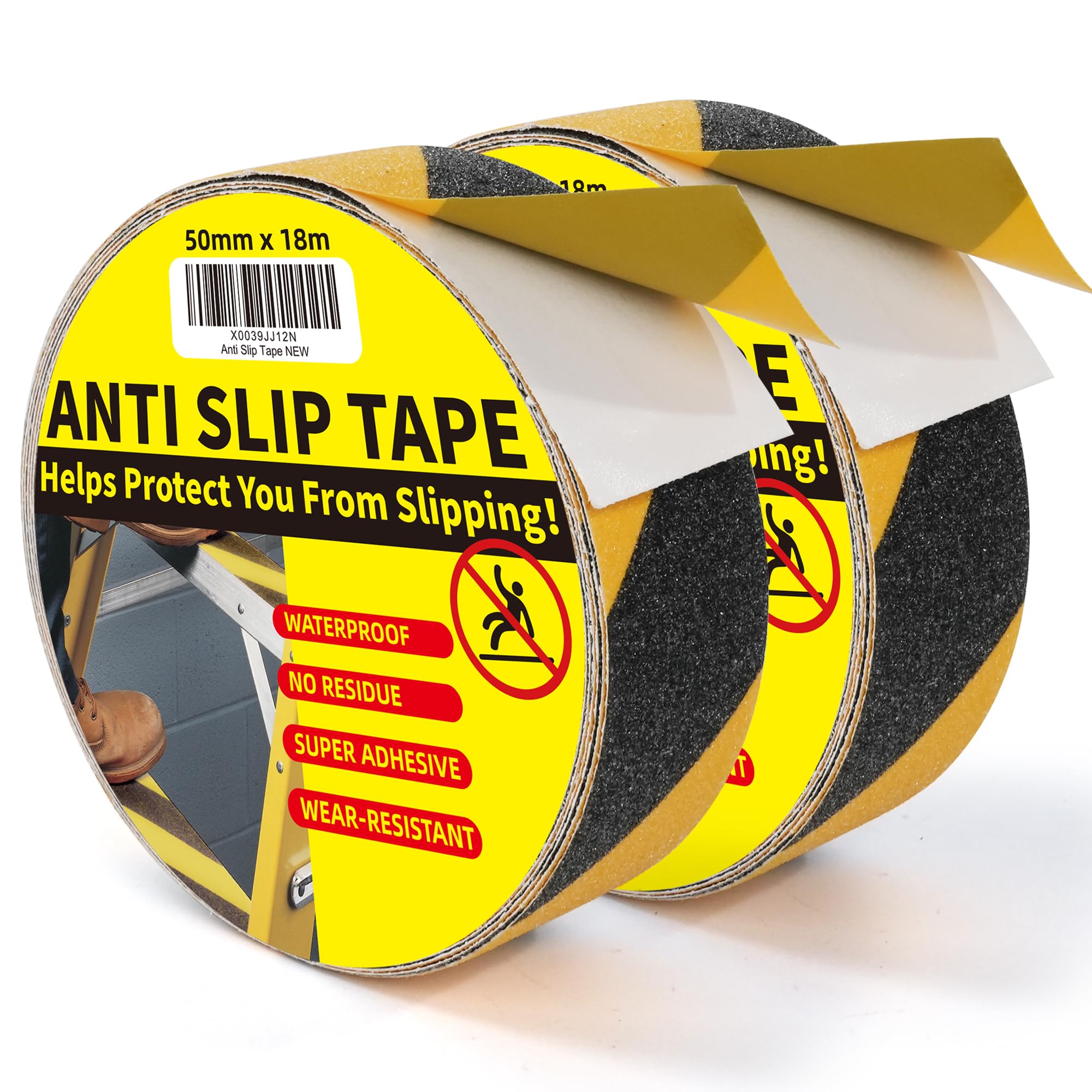 TAPEBEAR Black and Yellow Safety Tape 50mm x 18m, Anti Slip Grip Tape Anti Skid Safety Warning Strips Traction Tape Waterproof for Indoor Outdoor Step, Stairs, Ladder, 2Rolls โ image 1