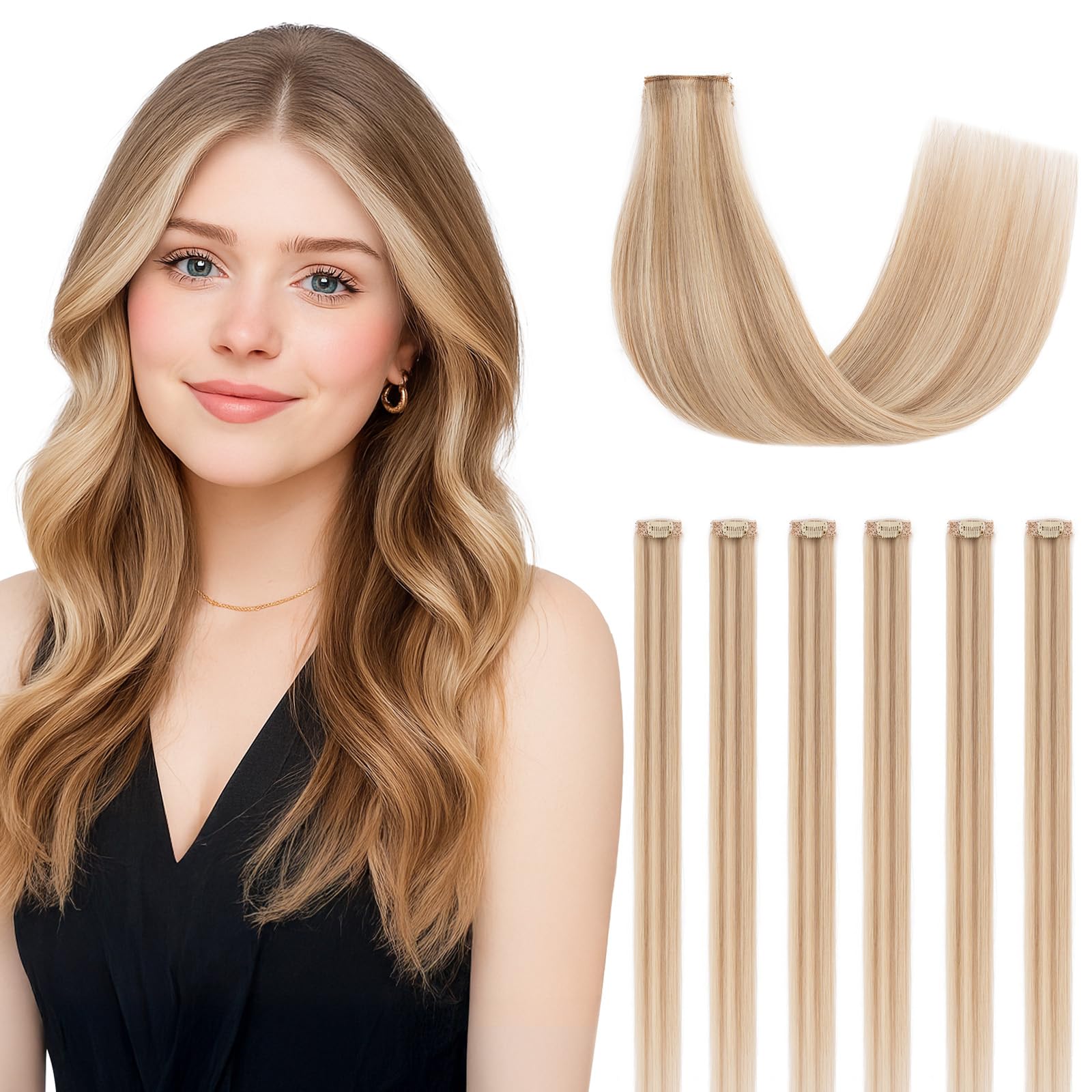 SEGOHAIR Clip in Hair Extensions Real Human Hair 6Pcs Golden Brown mix Bleach Blonde Highlights Double Weft Hairpieces Straight Hair Extensions Clip in Seamless 14inch 36g