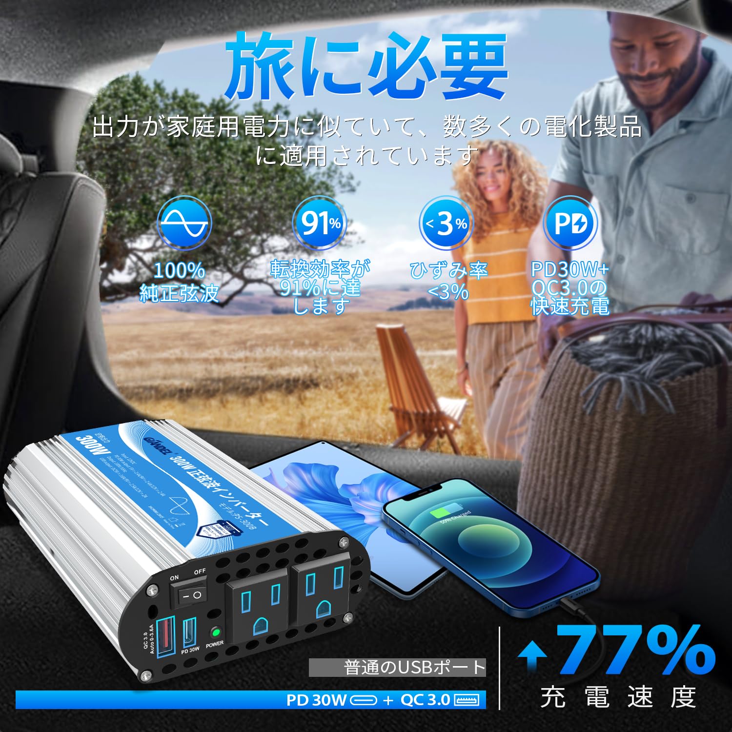 Amazon.co.jp: 正弦波 300W カー インバーター 車載充電器 変換電源