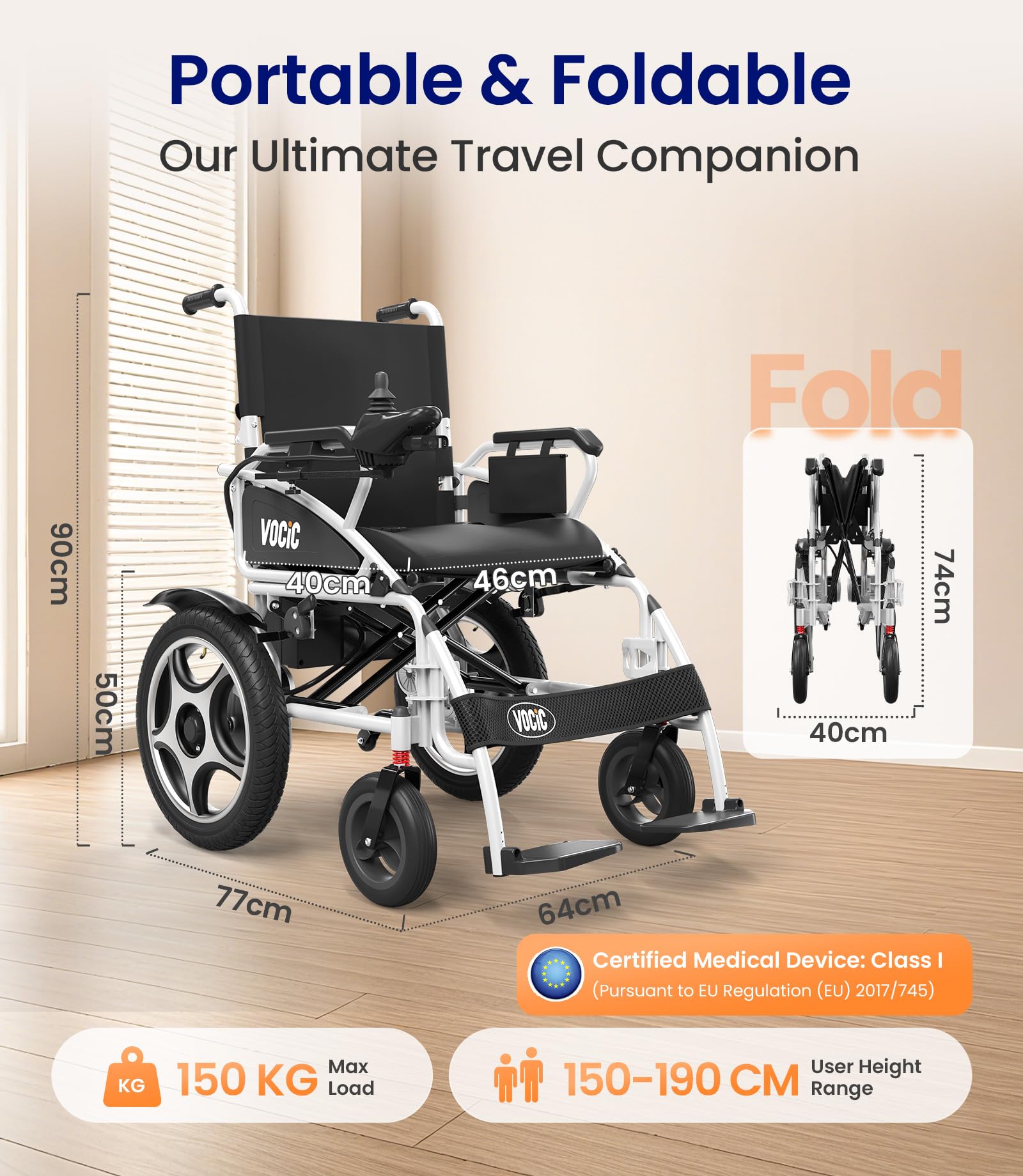 VOCIC Sedia a rotelle elettrica pieghevole leggera V58, sedia a rotelle elettrica fino a 150 kg, con pneumatici in gomma per esterni, 500 W, sedile morbido 46 cm, supporto 5 anni