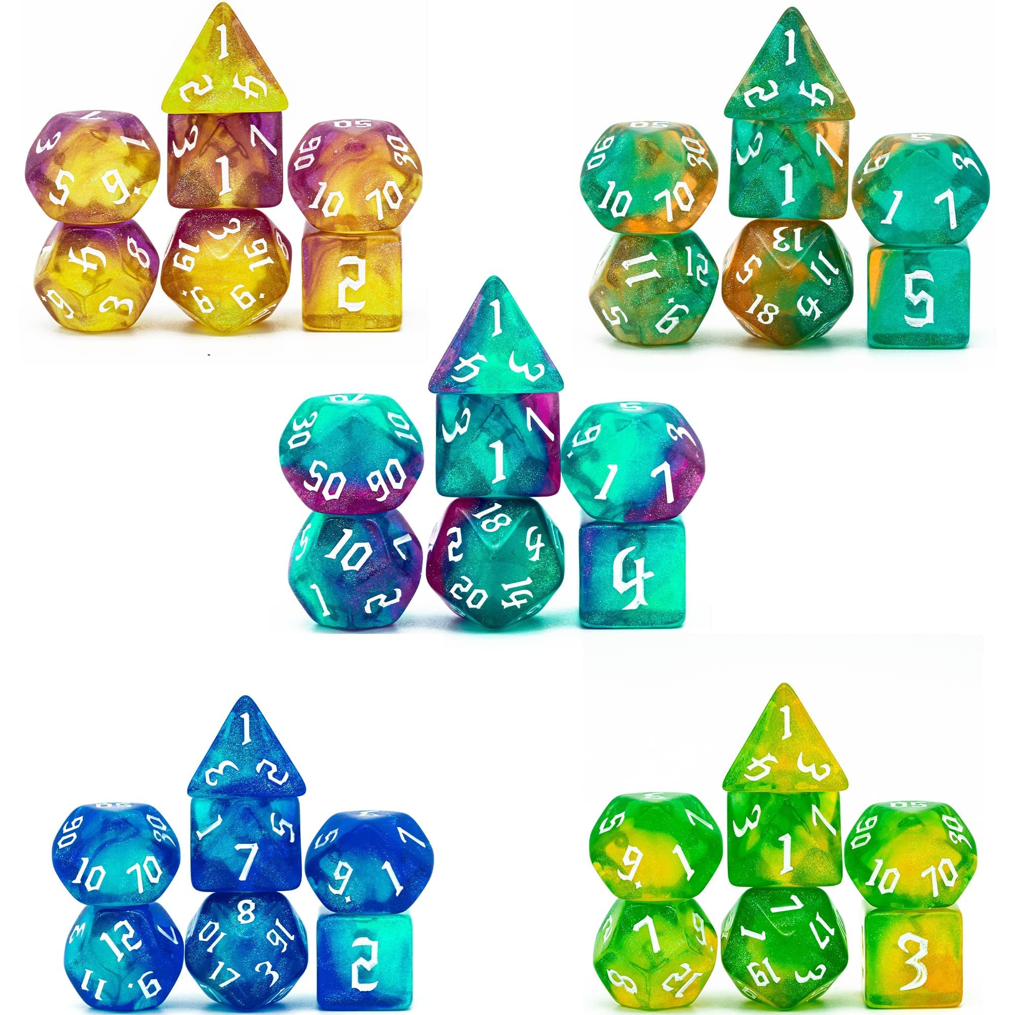 5 Sets DND Dice, Polyhedral Dice Set (35pcs) with Leather Die Bag, D&D Die Set for Dungeons and Dragons, RPG Table Games (Sickle Font Double Color Glitter Series).