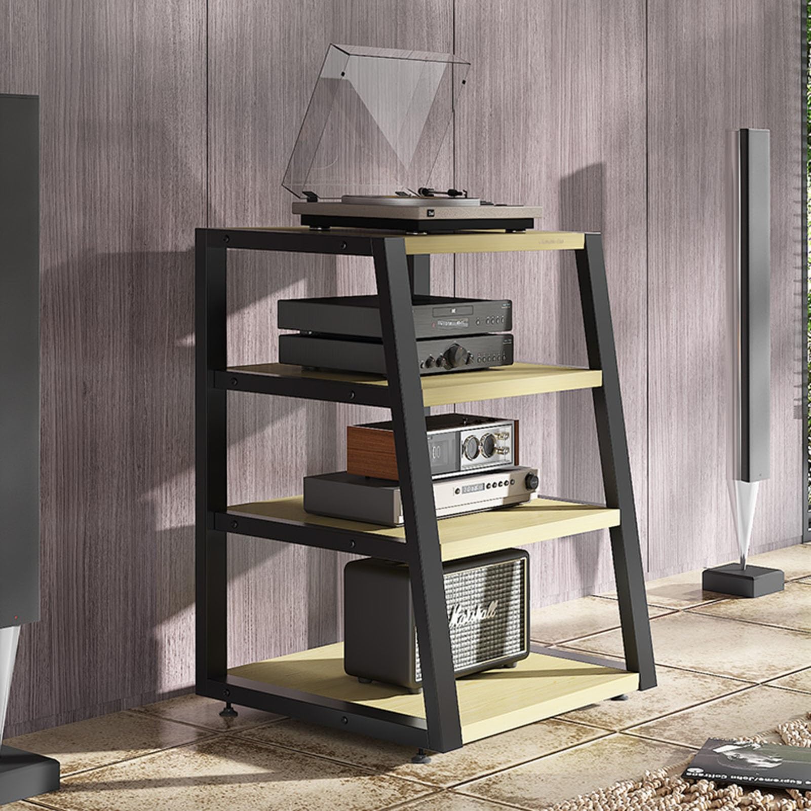 4-Tier AV Media Stand Home Office Theater Corner Shelf for Record Player Wooden Shelves Stereo Component Cabinet Audio Rack Tower, 60x52x82cm(Color:C)