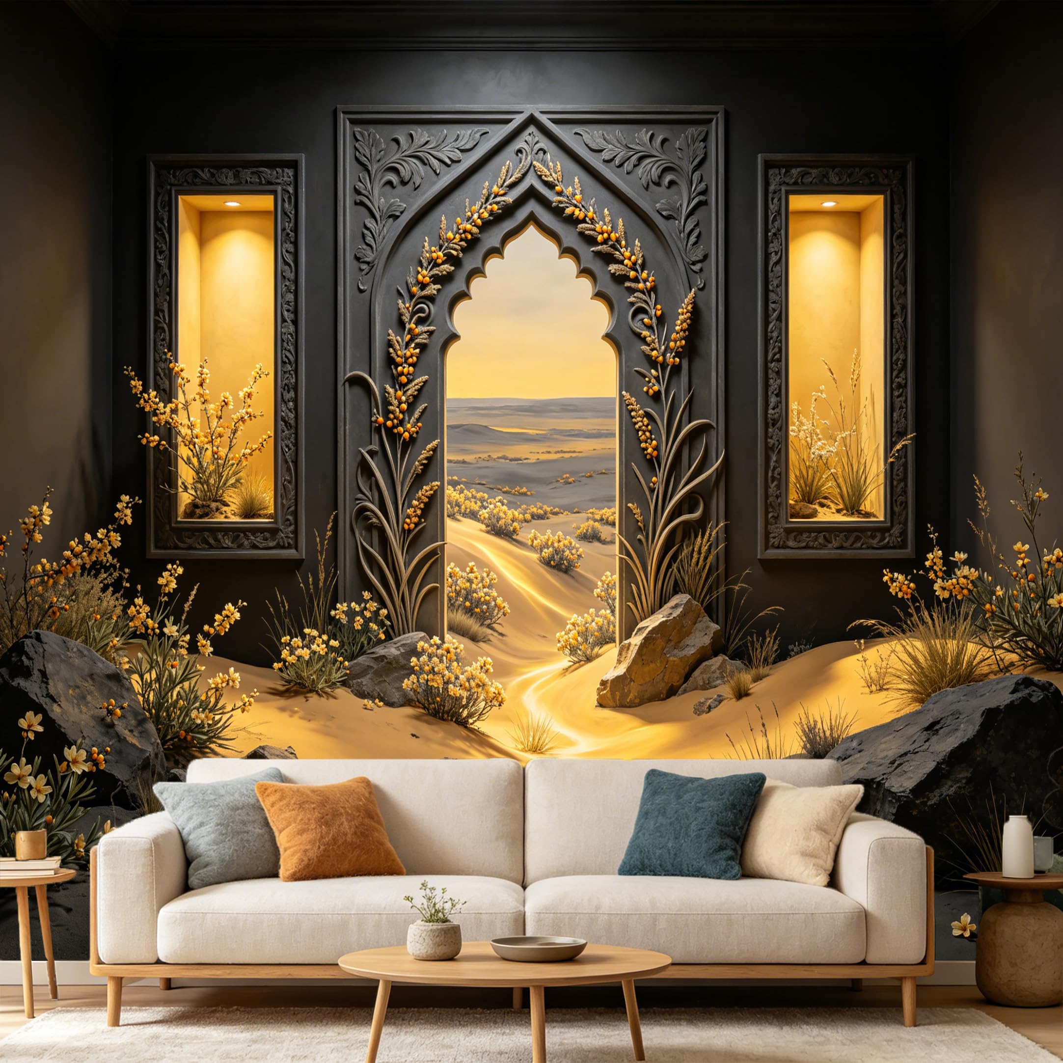 Custom Size Wall Mural 3D Archway Desert Sunset Botanical Floral View， SelfAdhesive Art Prints wall Fabric Removable Large Wallpaper Home Living Room Decor