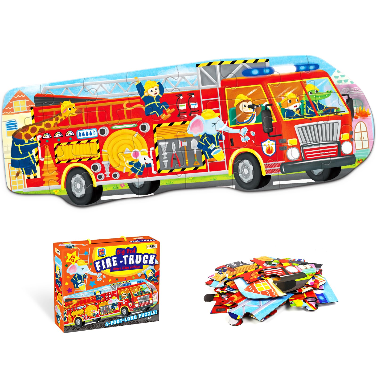 Big Red Fire Truck 4-Foot Long Jumbo Floor Puzzle - 24 Extra-Large Pieces, Fun Educational Toy for Kids Ages 3+, Durable & Easy to Assemble