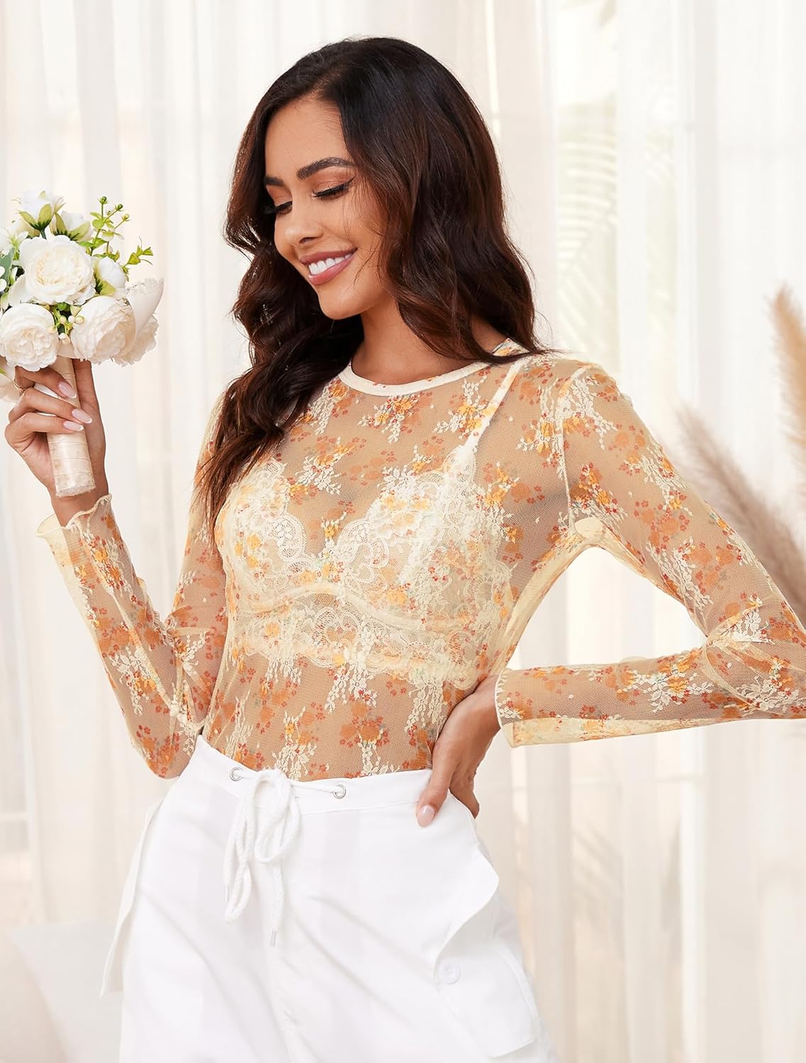 AKEWEI Womens Mesh Long Sleeve Tops Crew Neck Sexy See Through Tee Shirts Party Club Night Lace Blouse - Image 5