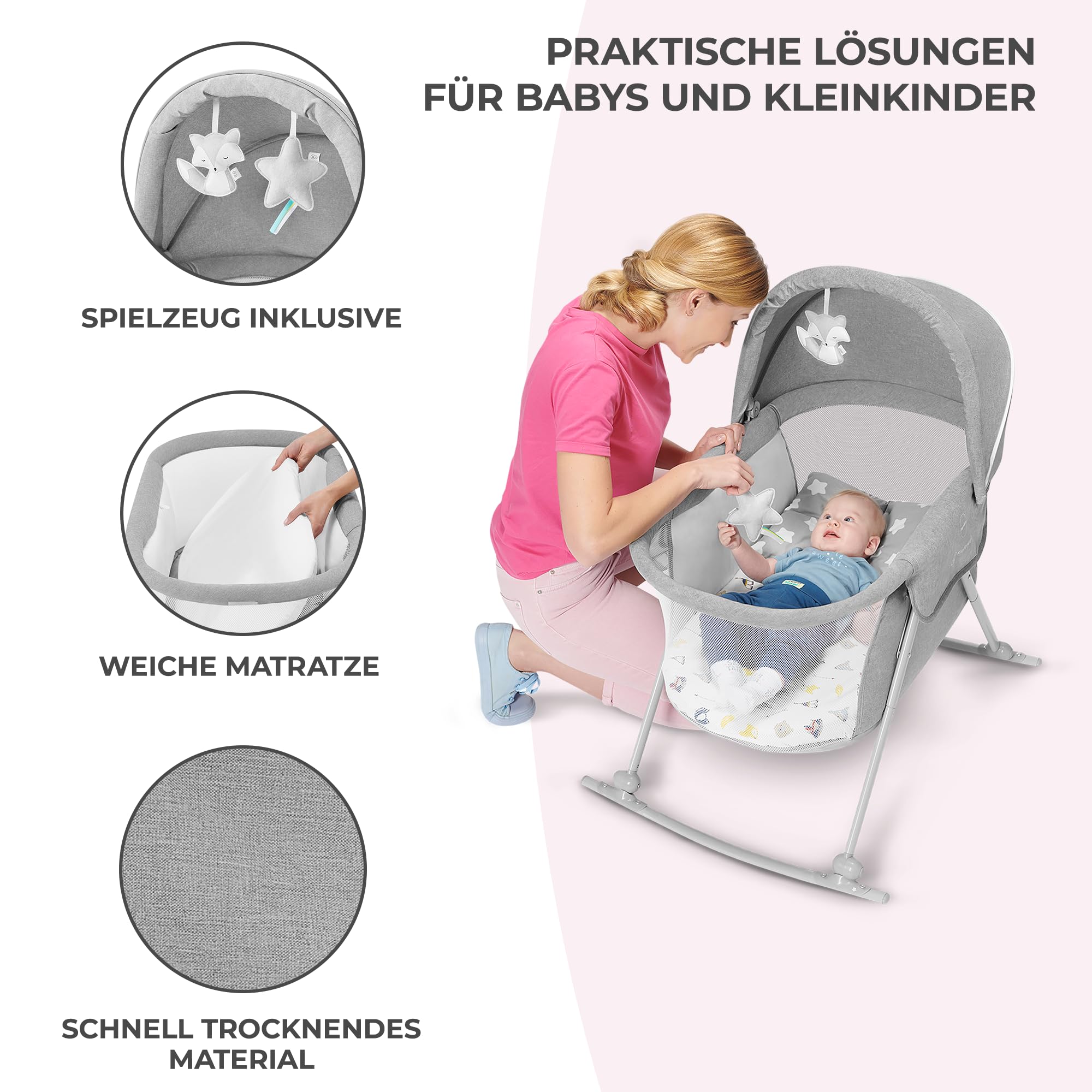 kk Kinderkraft Kinderkraft Kinderbett 3 in 1 lOVI, Kinderreisebett, Stubenwagen, Babywiege, Baby Wippe, Zusammenklappbar, Einfach Transport, mit Zubehör, Tasche, Moskitonetz,von Geburt bis 9 kg, Grau