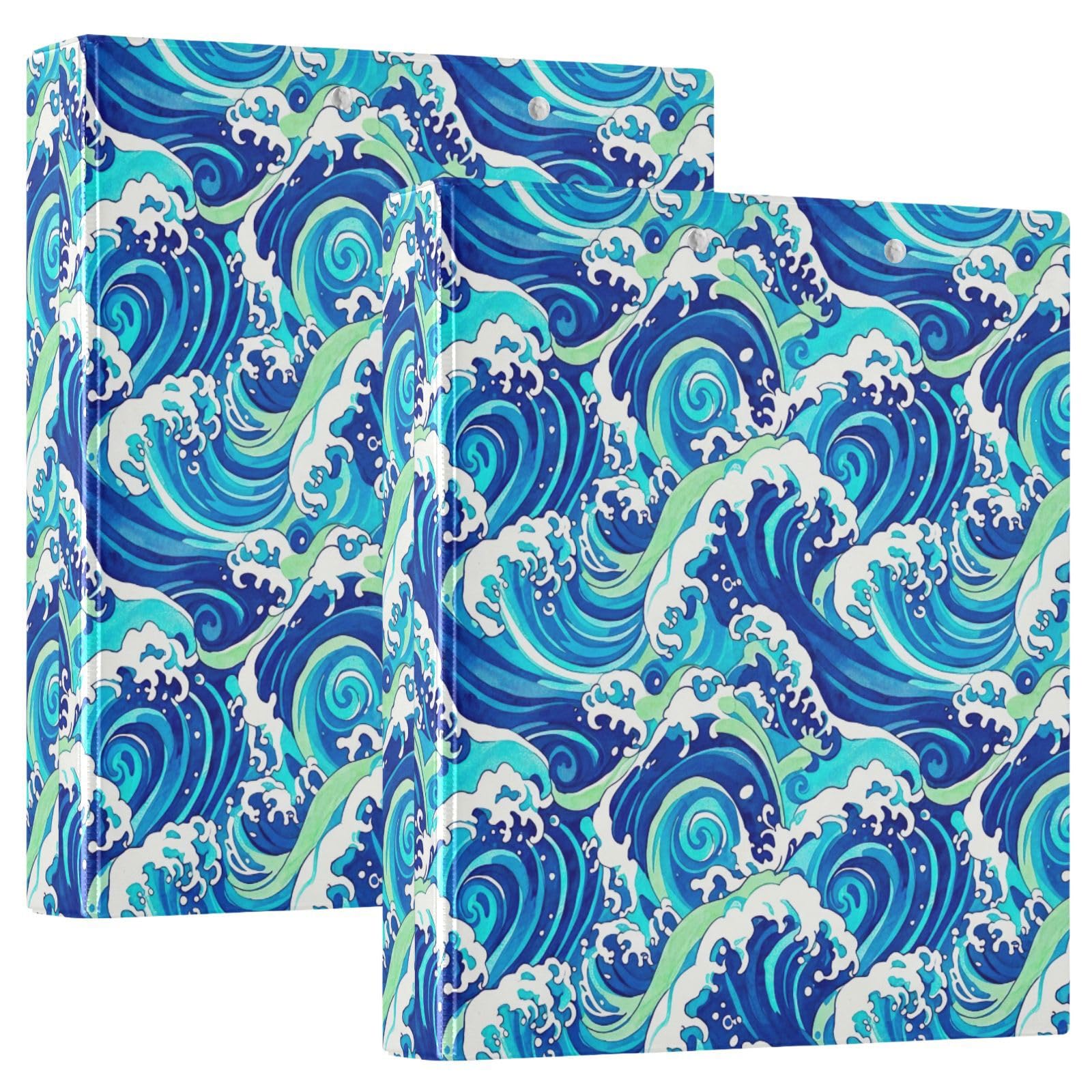 Ocean Waves - Raccoglitore a 3 anelli flessibile, 3,8 cm, colore: blu, turchese, bianco, confezione da 2