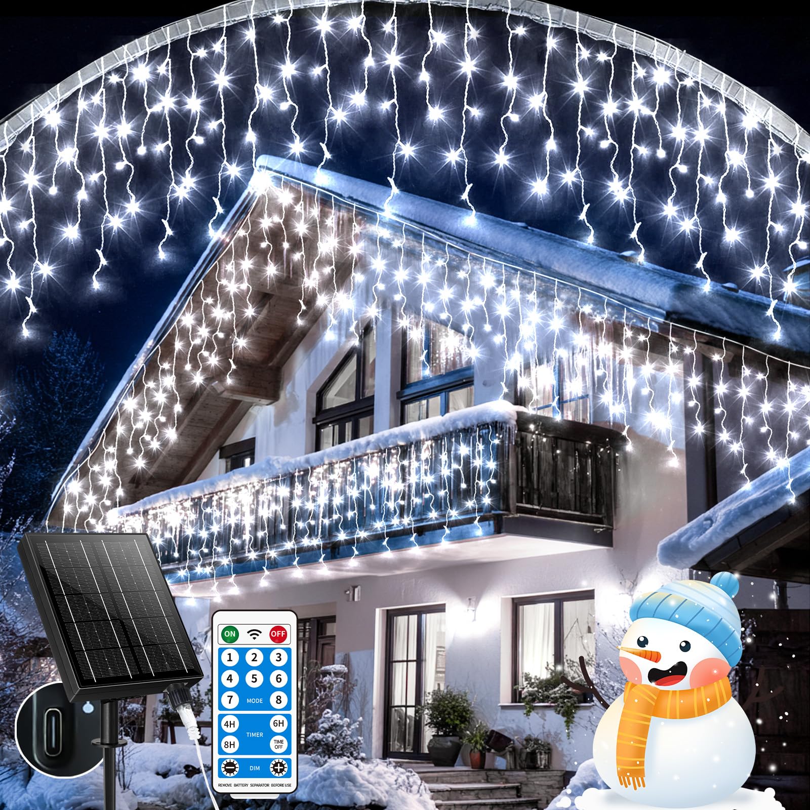 Solar 25+5M 800 LED Erneuerbar Eisregen Lichterkette, 3 In 1 Weihnachtslichterkette mit 8 Modi, Timer, Memory-Funktion Weihnachtsbeleuchtung Lichtervorhang，[weiß]