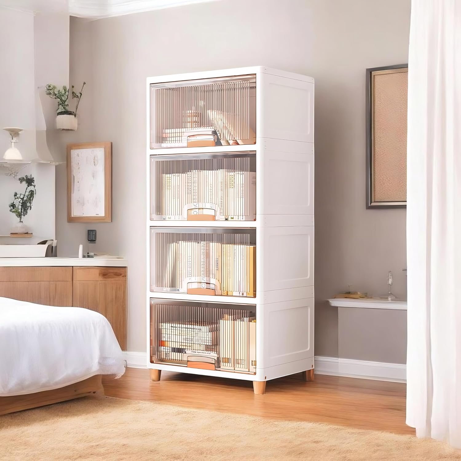 CLAPONE Foldable Plastic Cupboard Rack for Storage Kitchen Versatile & Sturdy Wardrobe for Clothes Storage Organizer Closet for Bedroom Living Room Laundry (White, 4 Tier Cupboard Rack)