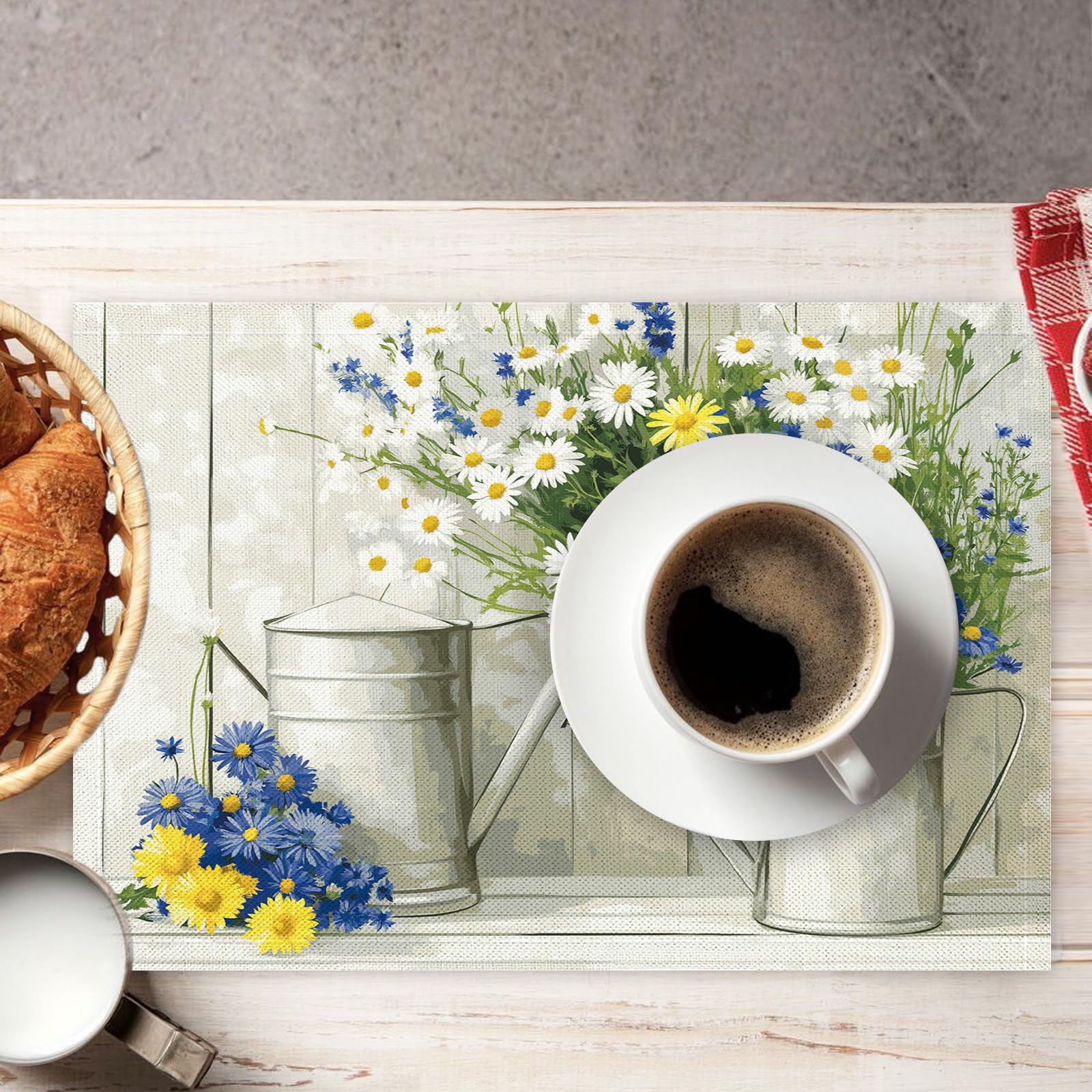 30×45cm Tovaglietta Americana Retrò in Cotone Lino Rettangolare - Tovagliette Set di 8 Vaso di margherite Resistente al Calore per La Cucina, Il L'Ufficio
