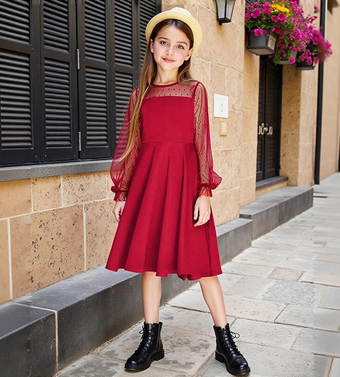 Neteson Jurk voor meisjes, lange mouwen, feestjurk, elegant, A-lijn, feestelijke trouwjurk voor 6-16 jaar, Rood, 6-7 Jaren