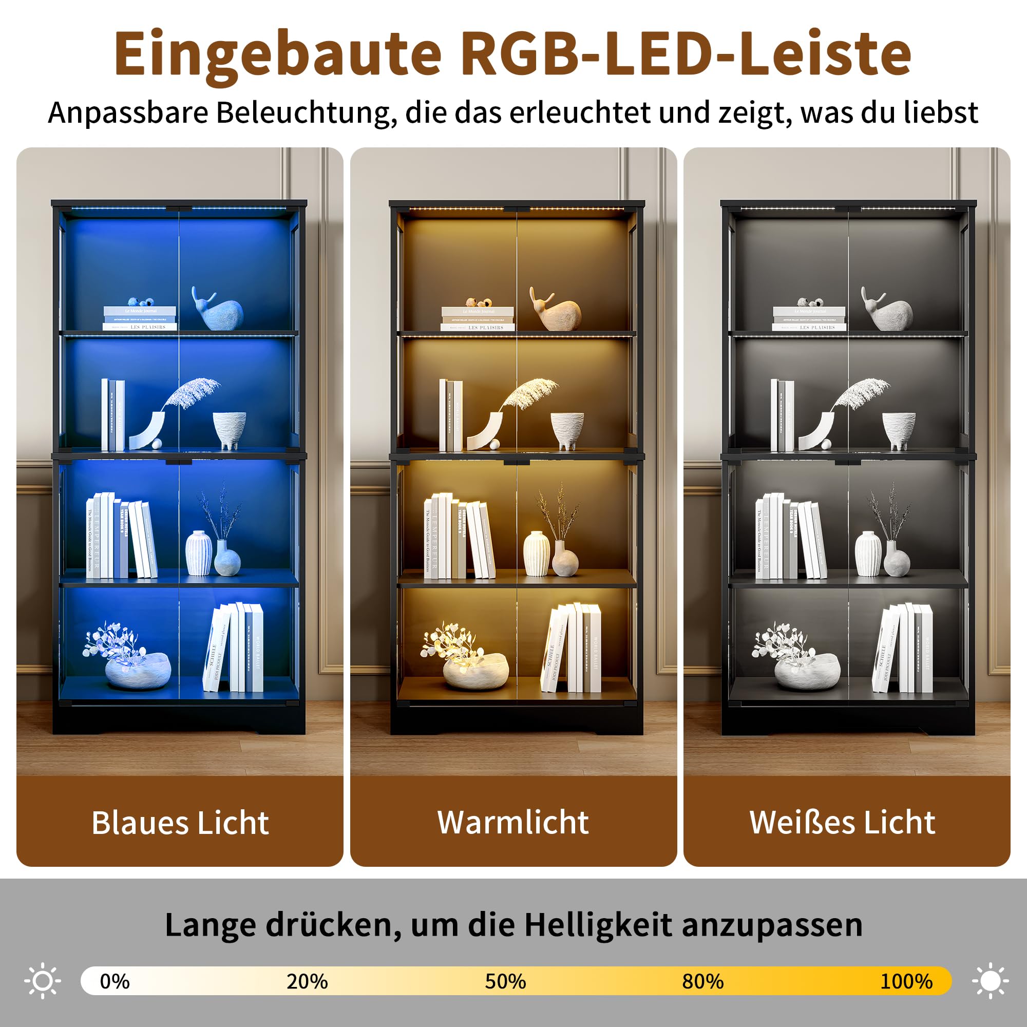 Glasvitrine mit LED Beleuchtung,Vitrinenschrank mit Menschlicher Sensor,165x80x35cm 4 Ebenen & 4 Glastüren Staubdicht Glasvitrine Stehend für Sammlervitrine und Wohnzimmer Büro, Schwarz