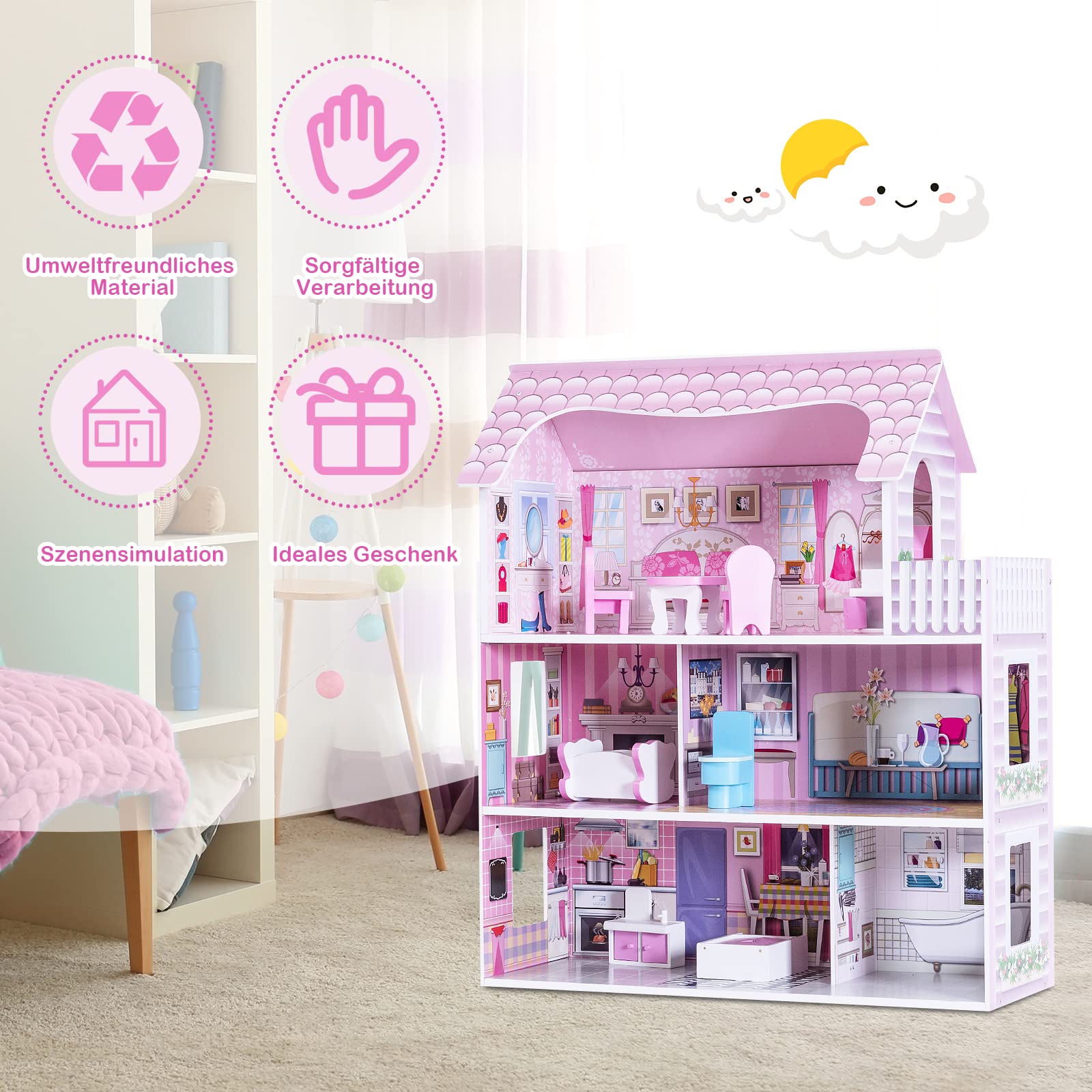 DREAMADE Puppenhaus Holz, Holzpuppenhaus mit Zubehör und Möbel, Dollhouse Puppenhaus Puppen für Kinder (Modell 1)