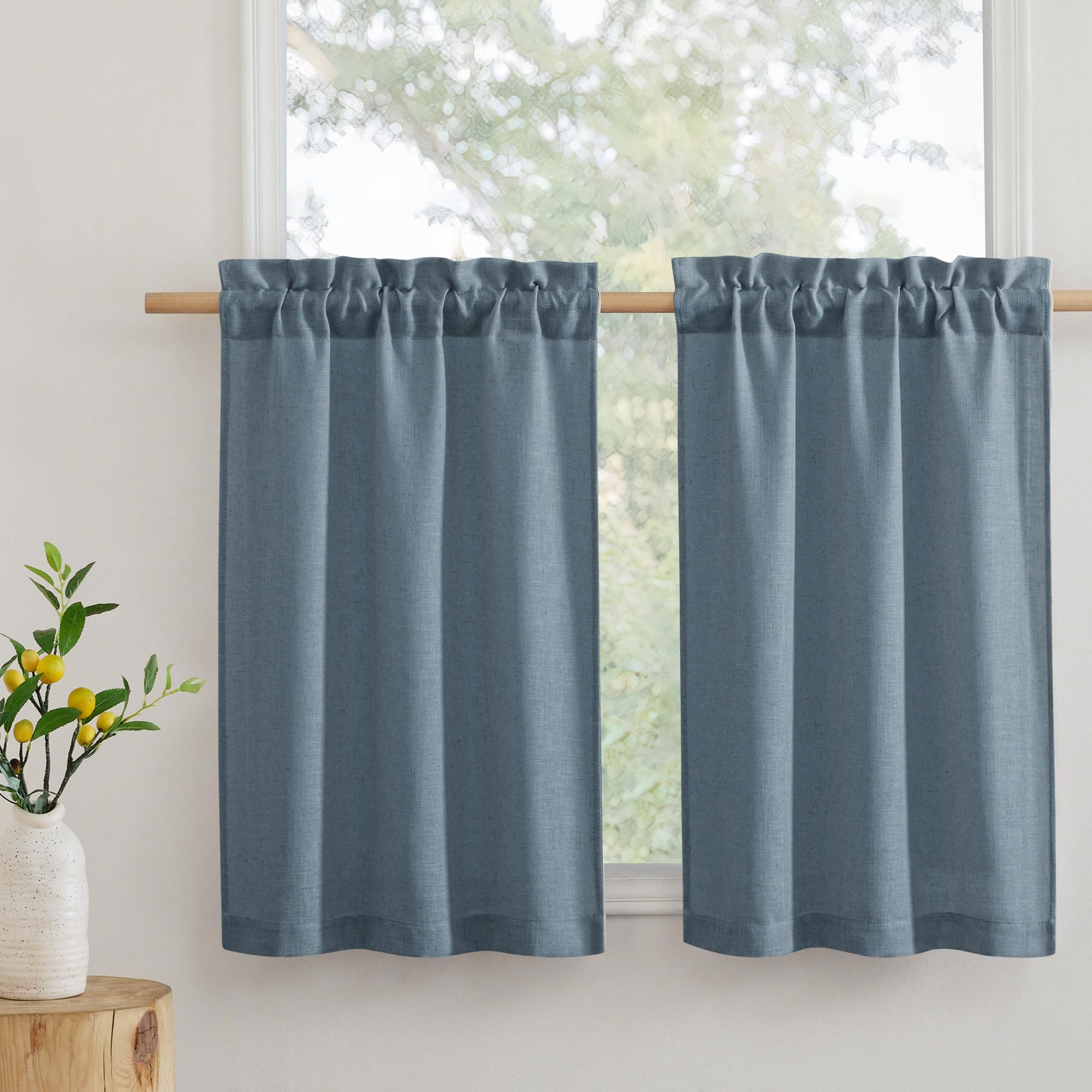 RYB HOME Bathroom Curtains Over Sink 36 inches Length, Linen Blend Semi Sheer Light Filtering Tiers for Camper Kithen Cafe, Small Curtains for Door Window, W 26 x L36, Stone Blue, 2 Panels Set