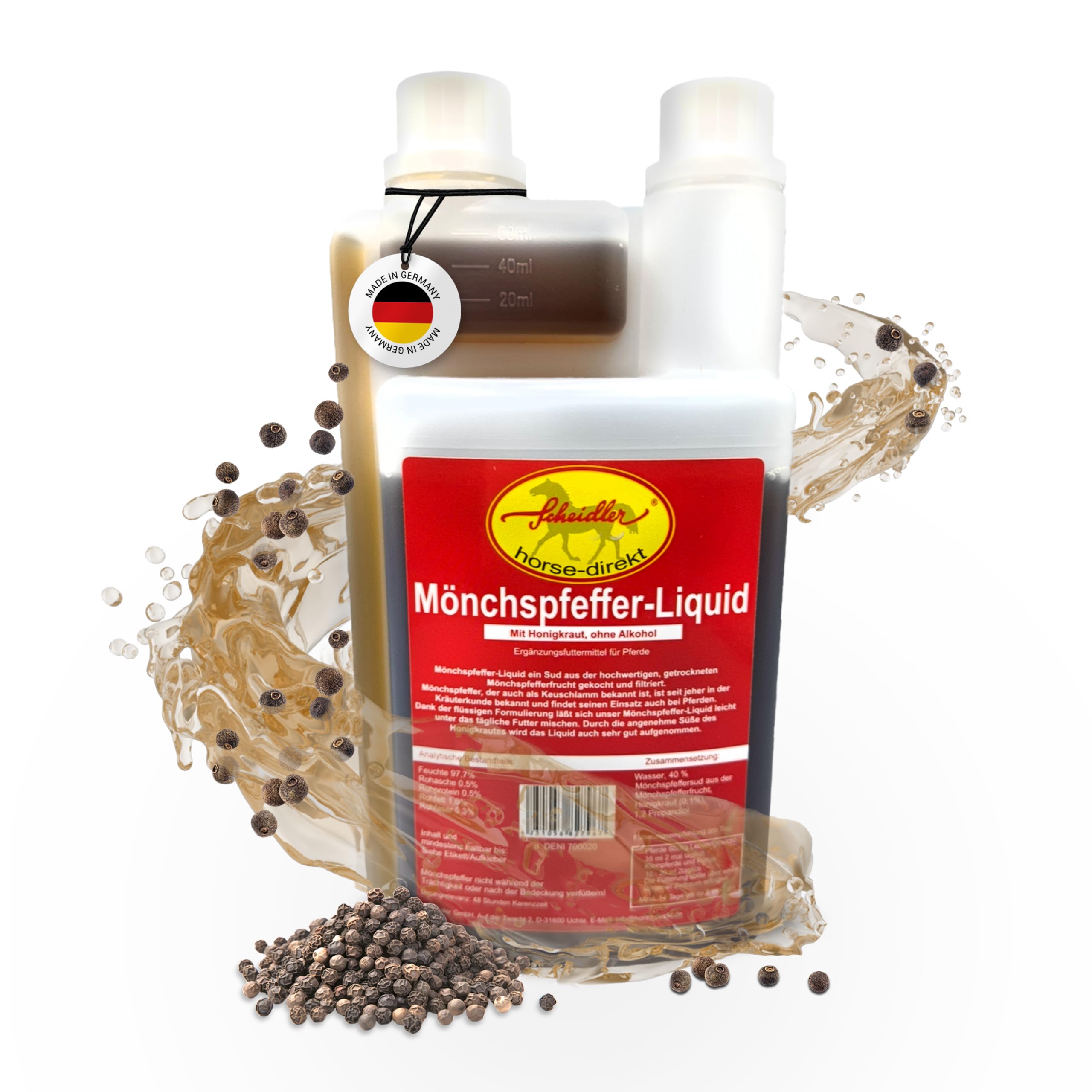 Scheidler horse-direkt Mönchspfeffer Liquid für Pferde 1000ml Hochdosiert – 100% Natürliches Ergänzungsfuttermittel für Pferde – Premium Sud aus Mönchspfeffer - Qualität aus Deutschland