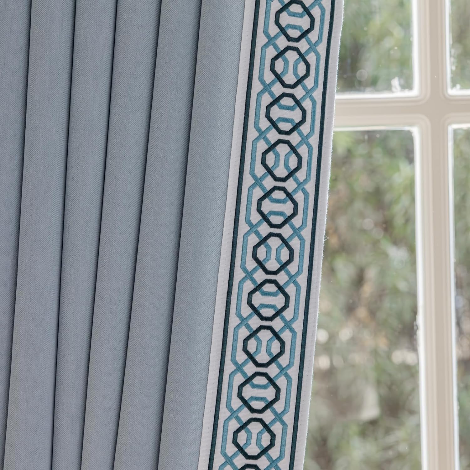 VisionaryHomeDesign Lined Curtains with Geometric Trim, Floor to Ceiling, Wrinkle Free, Tape Trim Drapes Pinch Pleat, for Doors, Rooms, Windows, 2 Panels (French Blue, 50" W x 84" L)