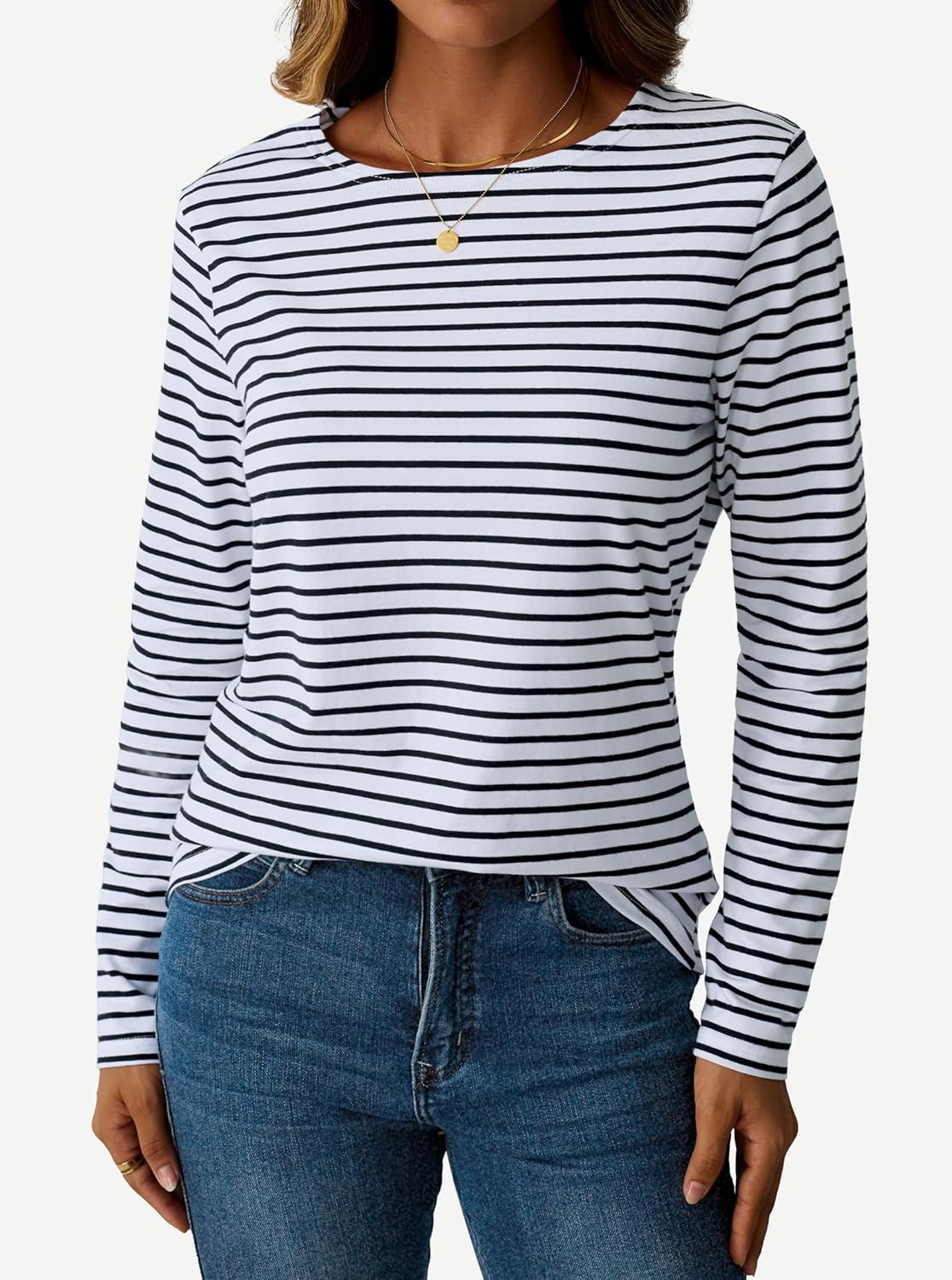 HDQHDQ Womens Striped Long Sleeve Shirt Loose Fit Boat Neck Tops Casual T Shirts - Image 3