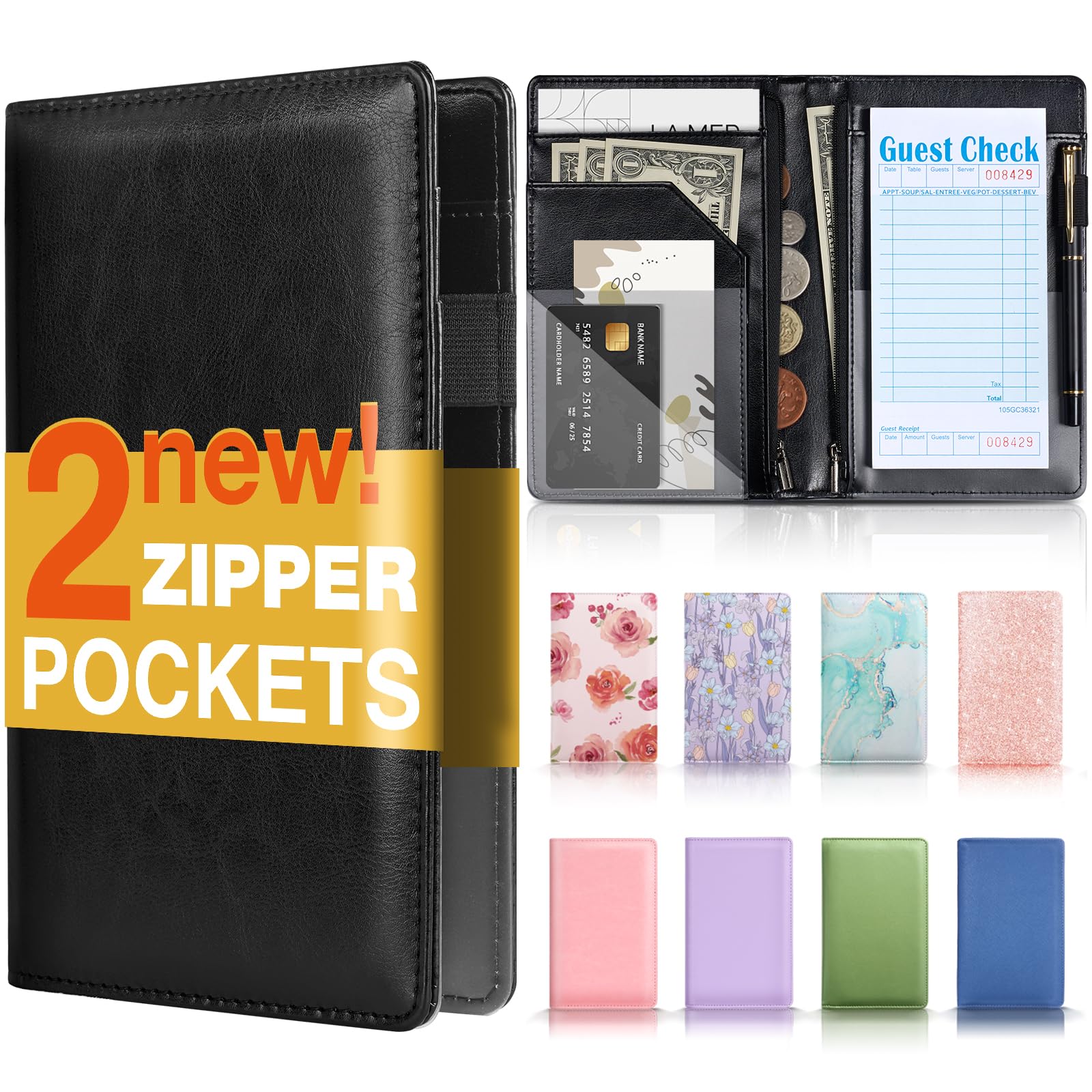 Forvencer Server Book, 2 Zipper Pocket, Server Books for Waitress, Waitress Book for Servers, Fits Waitress Apron, Guest Book, Waitress Accessories, Serving Book,Receipt Holder, Black