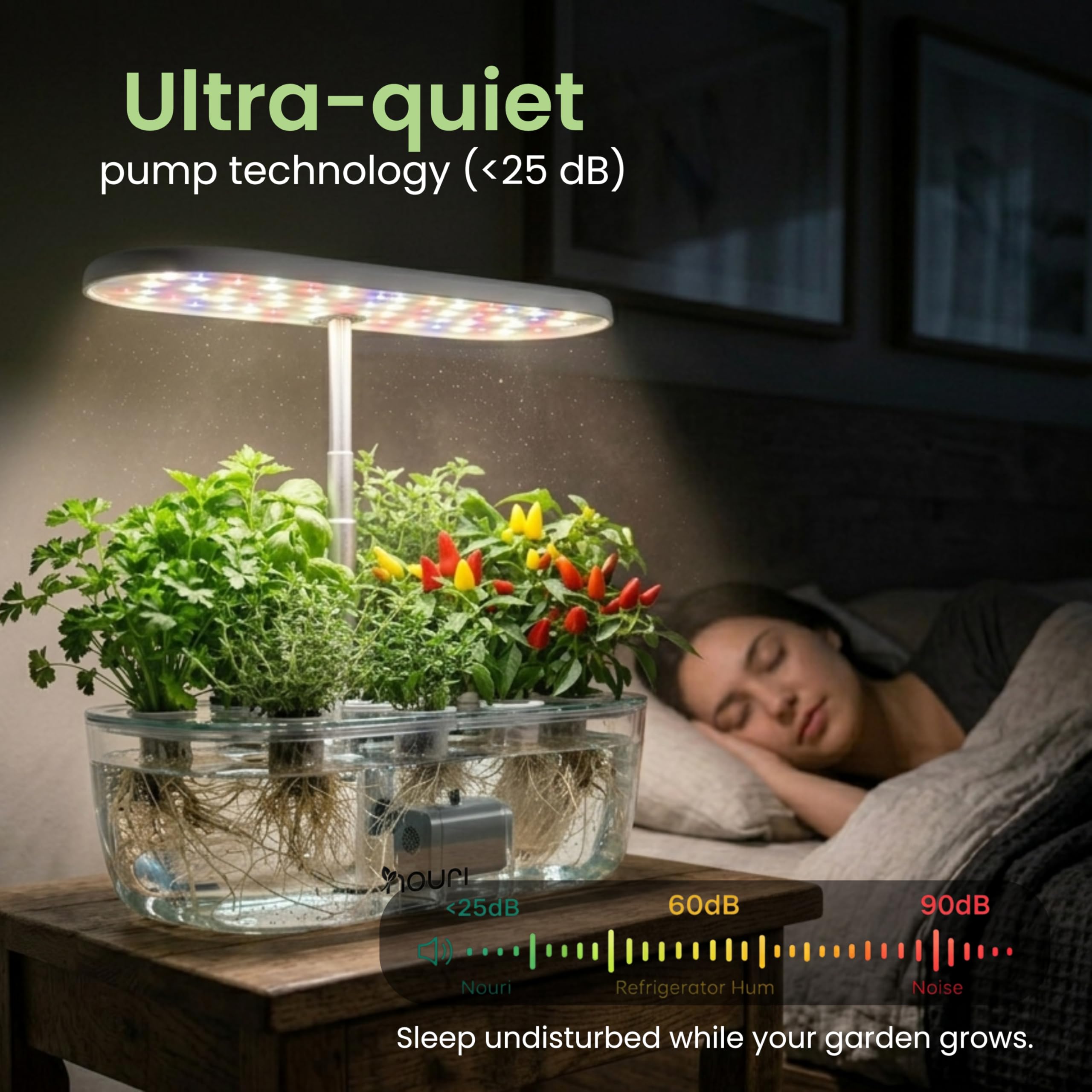 Nouri Hydroponisches Anzuchtsystem, 12 Hülsen Smart Indoor Kräutergarten Set mit App & LED-Wachstumslicht, Hydroponischer Kräutergarten für Zuhause & Küche, Salat Little Gem Samen inklusive