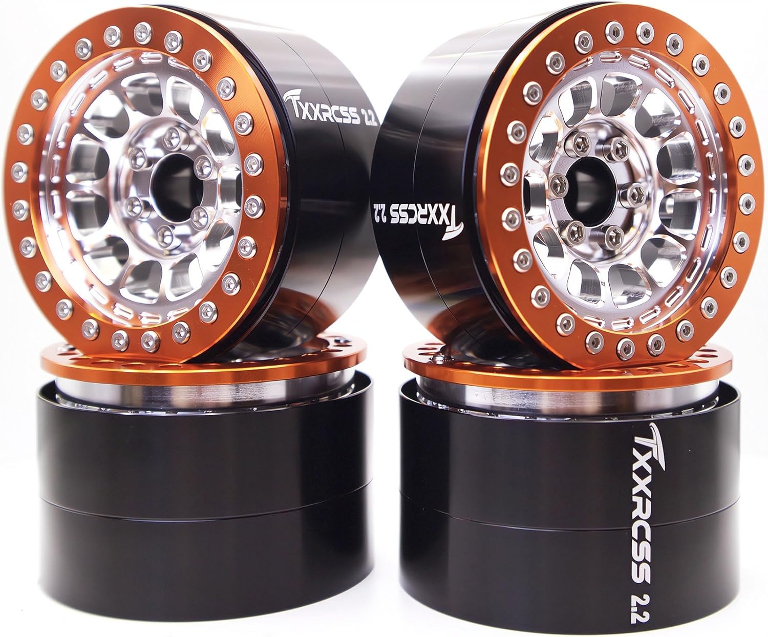 RC 2.2 Aluminum Alloy Beadlock Wheels and Tires Upgrades Accessories Rims for 1/10 SCX10 TRX4RC4WD and D90 RC Crawler Axial Remote Control Car (4pc) (Silver Orange)