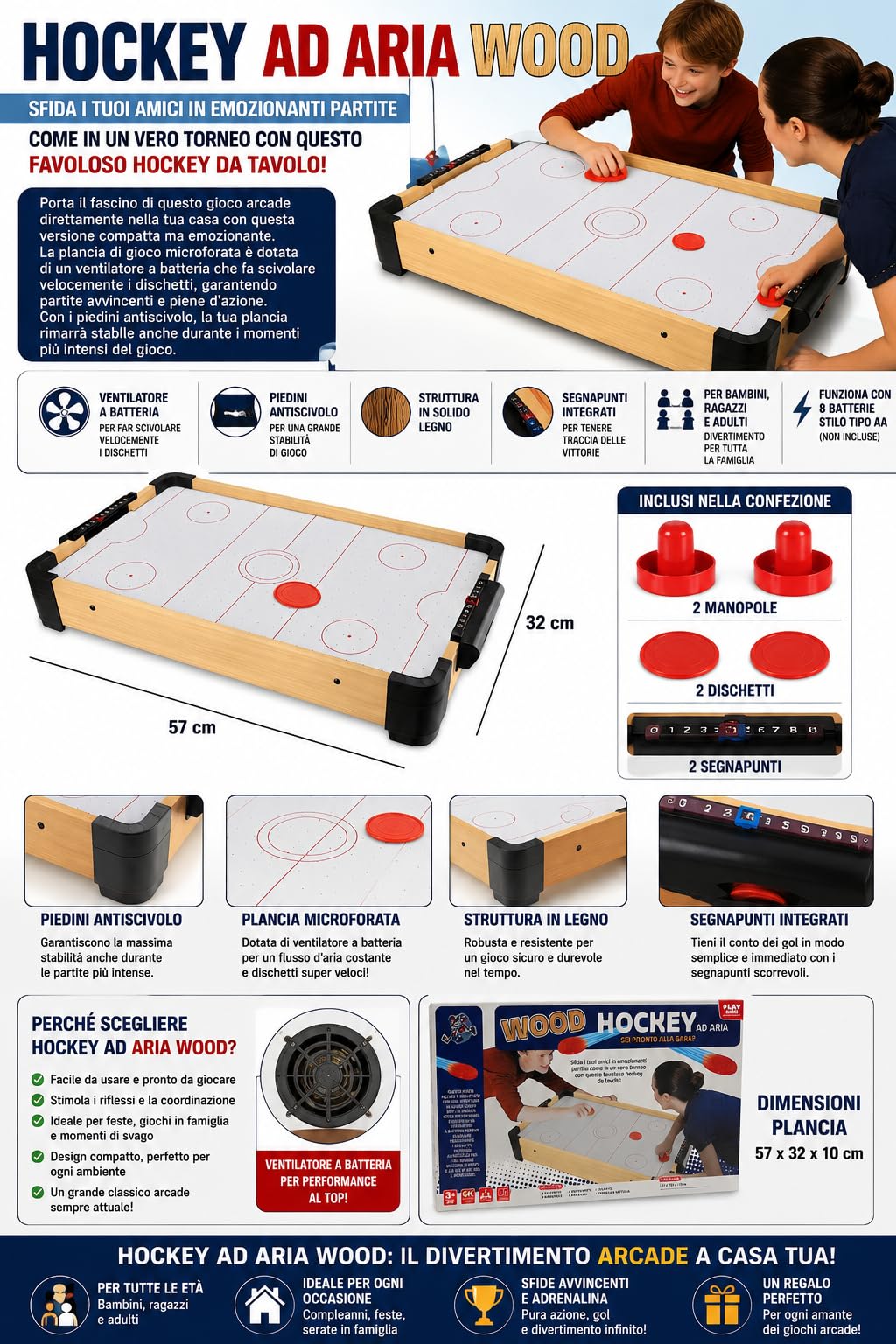 Hockey da Tavolo ad Aria in Legno Grande Bambini Adulti Gioco Hockey Flipper ad Aria con 2 Manopole 2 Dischi Inclusi Completo di Segnapunti Integrato Biliardo Hockey Biliardino Hockey Aria Arcade