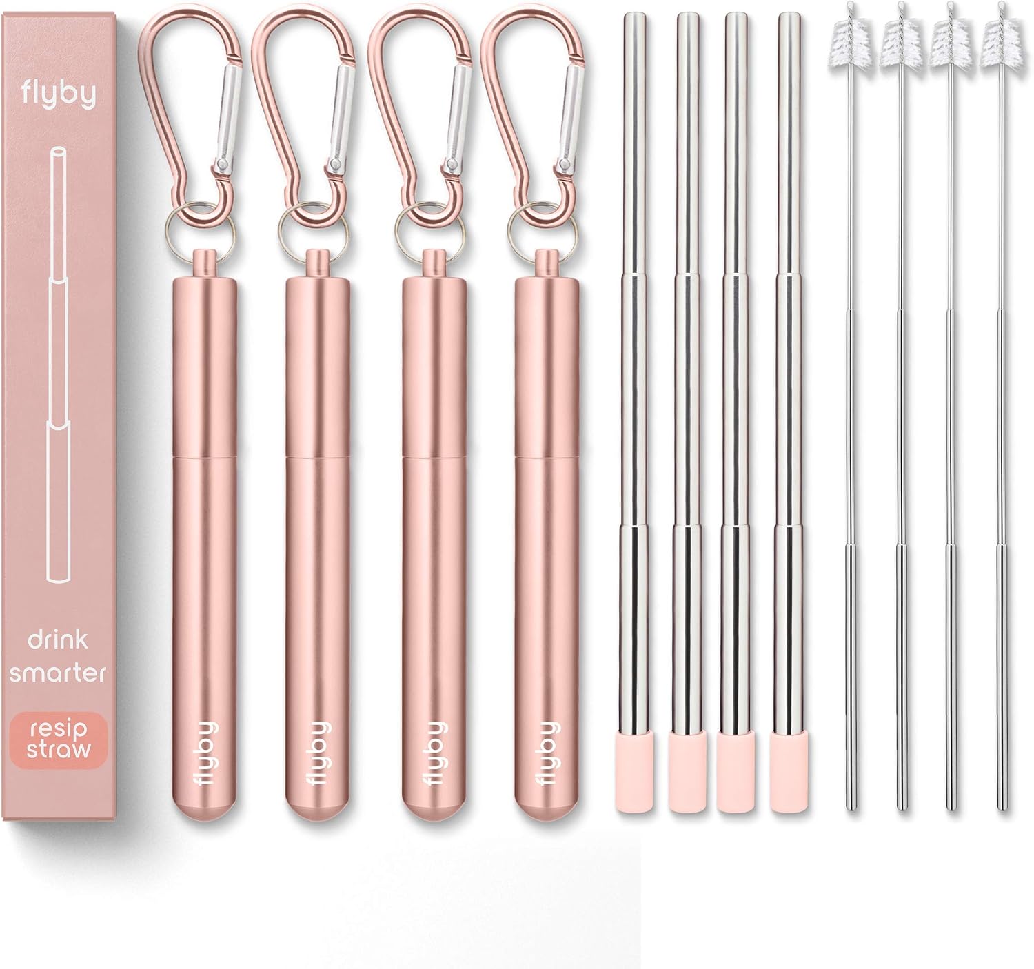 Flyby Portable Reusable Drinking Straws | Collapsible & Foldable Telescopic Stainless Steel Metal Straw Dispenser | Final Aluminum Case, Long Cleaning Brush, Silicone Tip | Rose Gold | 4-Pack