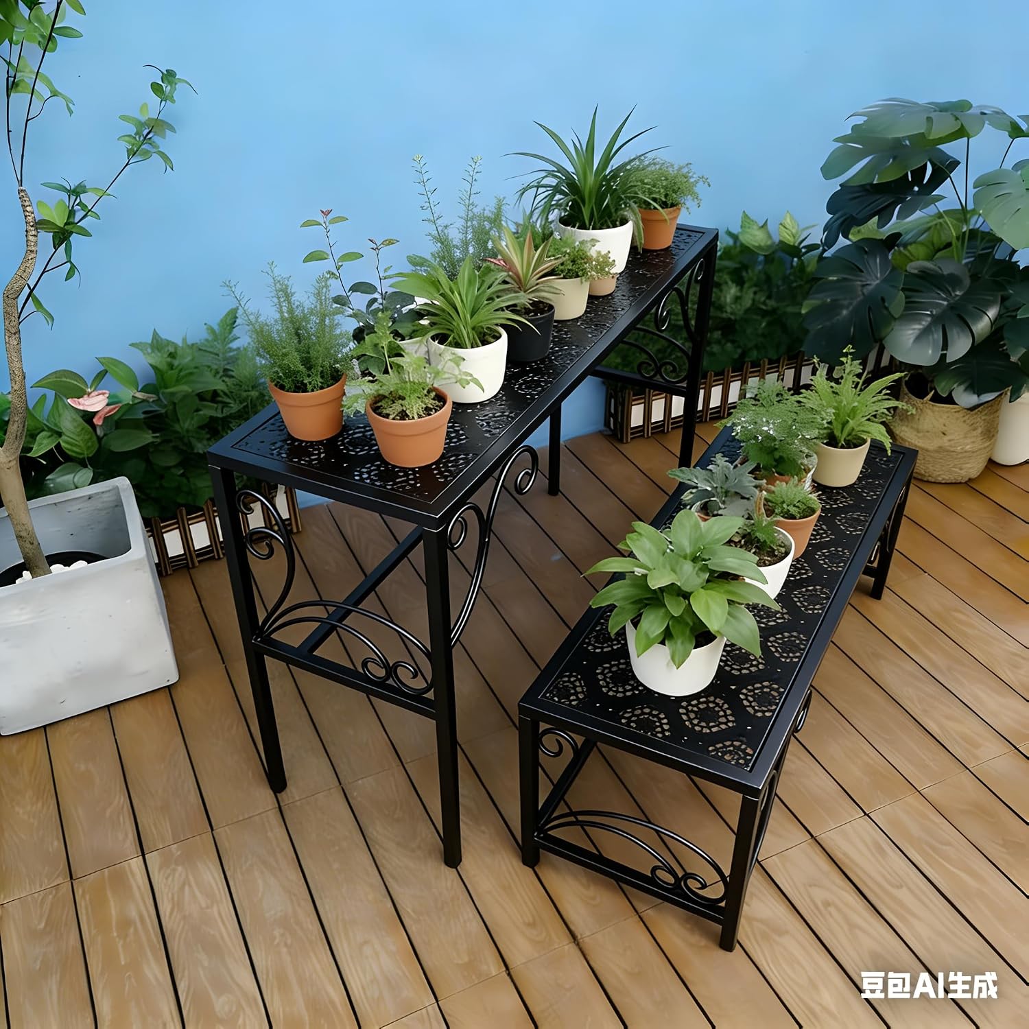 2 Tier Anti-Rust Wrought Iron Plant Stand, Ladder Flower Pot Holder Plant Stands, Stackable Heavy Duty Tall Plant Shelf Flower Pot Holder for Patio Garden Corner Balcony Living Room (Black, Small)