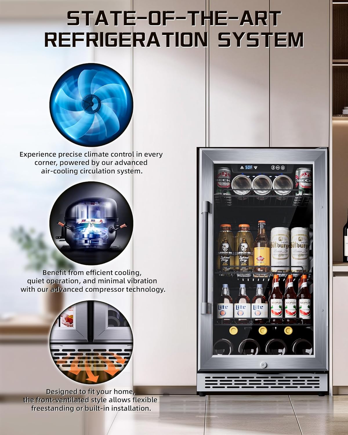 18-inch under-counter beverage refrigerator – 140-Can & 20-Bottle Capacity, Dual-Zone Built-In Beverage Cooler with Glass Door and Quiet Advanced Cooling System