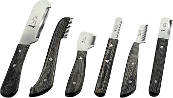 Dog Grooming Coat Stripping Knife Stripper Trimmer Tool Wooded Handle tripping Knives Set of 6 in Stainless Steel non slip tool for grooming dogs Black