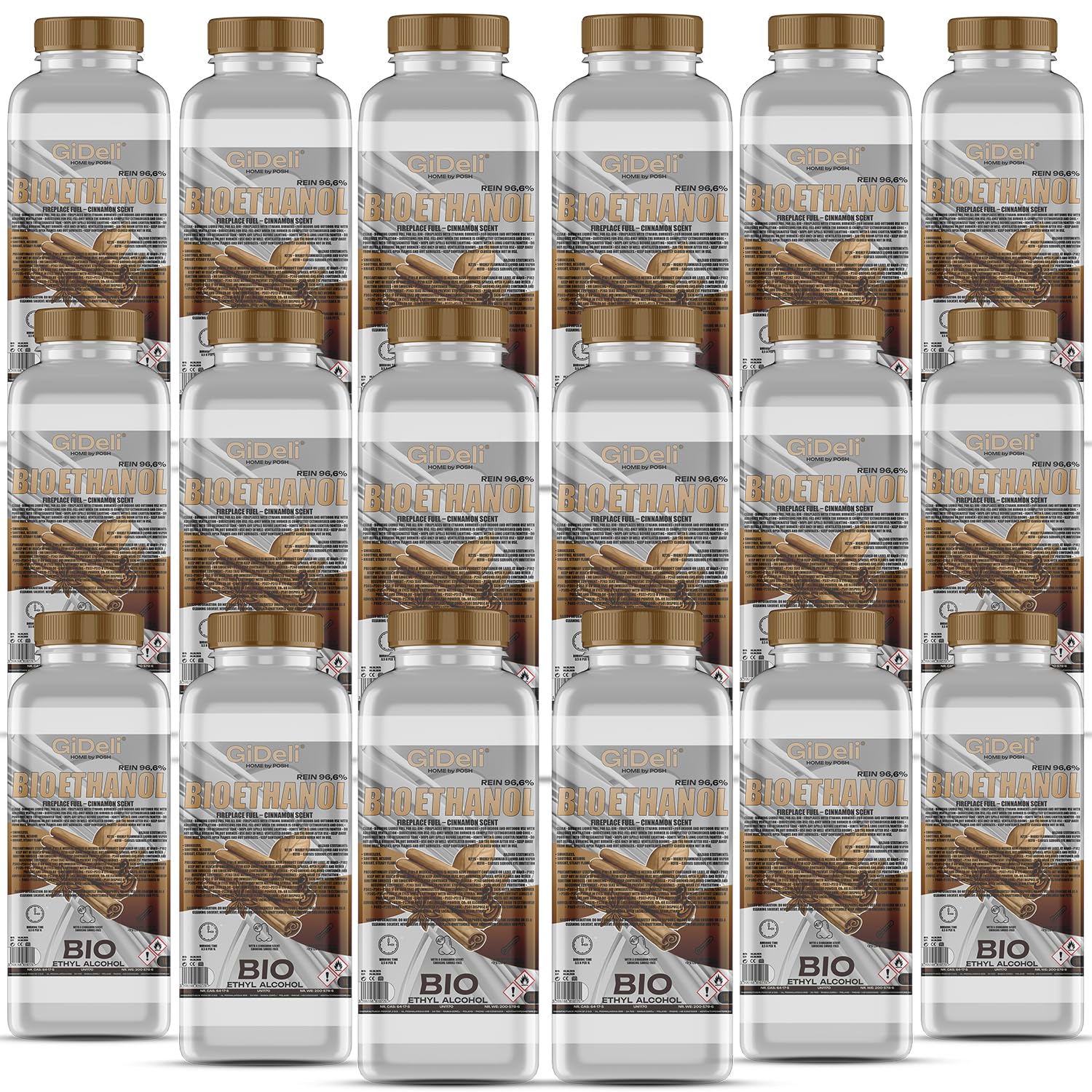 GiDeli bioetanolo 18 x 1 l con profumo di cannella 96,6% etanolo per camini interni ed esterni, senza fumo e fuliggine – da mais e barbabietola da zucchero