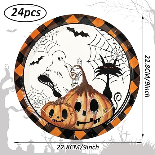 Miniatura 2 de 24 platos de papel de Halloween de 9 pulgadas, platos desechables de calabaza y fantasma, platos de cena a cuadros naranja y negro para Halloween,