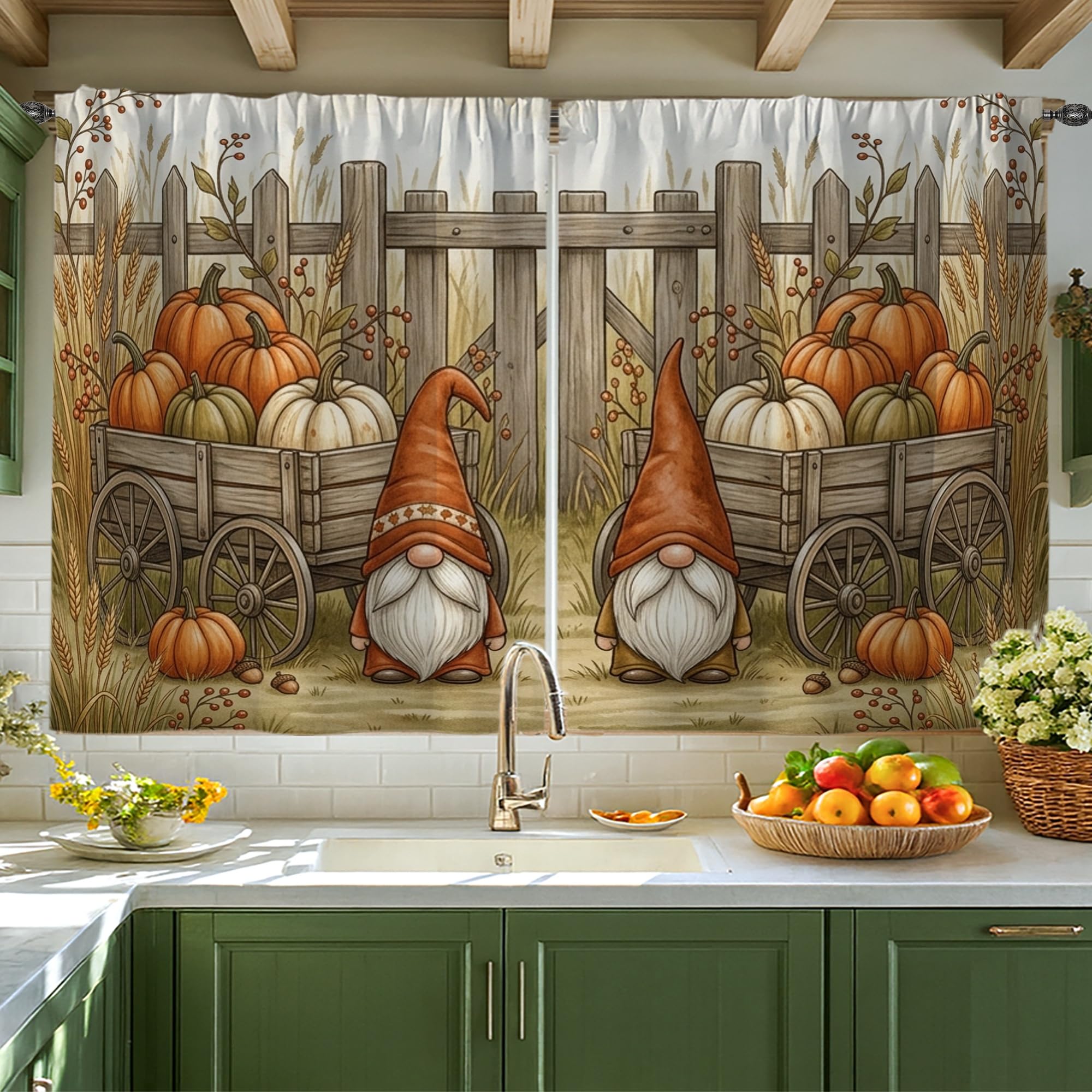 Rideaux de cuisine rustiques à motif citrouille d'automne 106x114 cm pour fenêtre d'évier