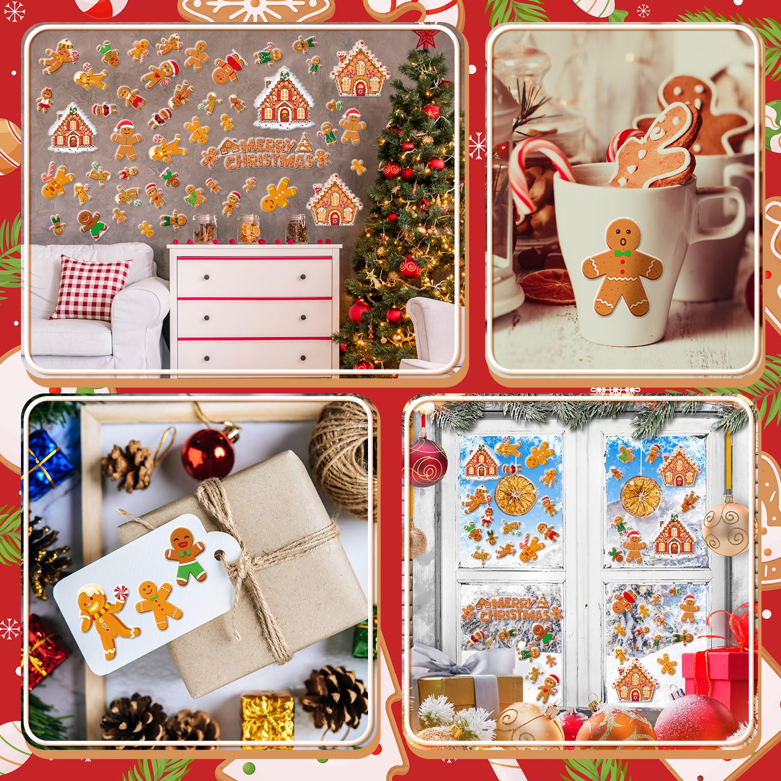 Tellingyou 56 Stück dicke, weihnachtliche Gel-Aufkleber für Lebkuchenmann, Süßigkeitenhaus, Fensteraufkleber, Weihnachts-Fensteraufkleber, Aufkleber für Erwachsene, Zuhause, Kinderzimmer, Weihnachten,