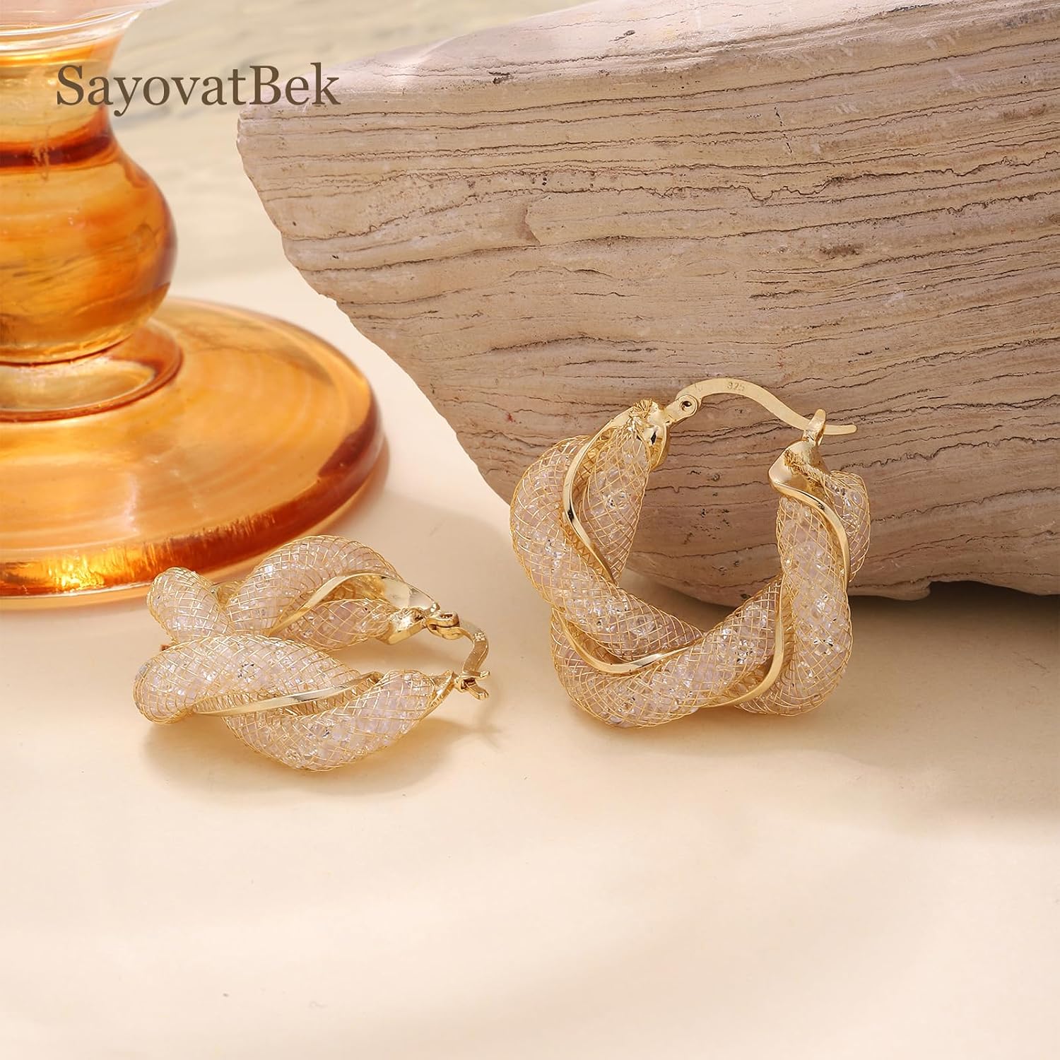 14K Gold Plated 25–33mm Mesh Hoop Earrings for Women, Cubic Zirconia, 925 Sterling Silver Post, Hypoallergenic Jewelry - Image 4