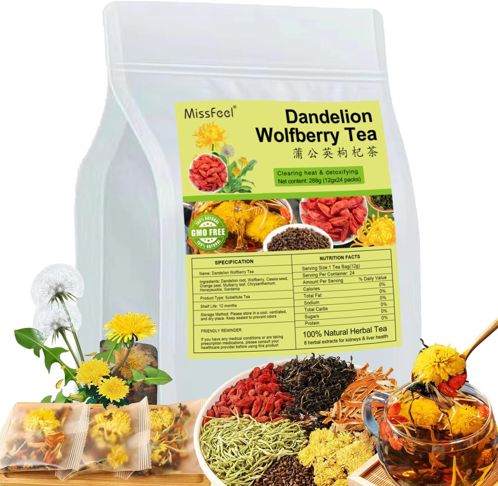 Dandelion Wolfberry Tea, 24 Pcs Natural Kidney& Liver Detox Tea, 8 Chinese He...