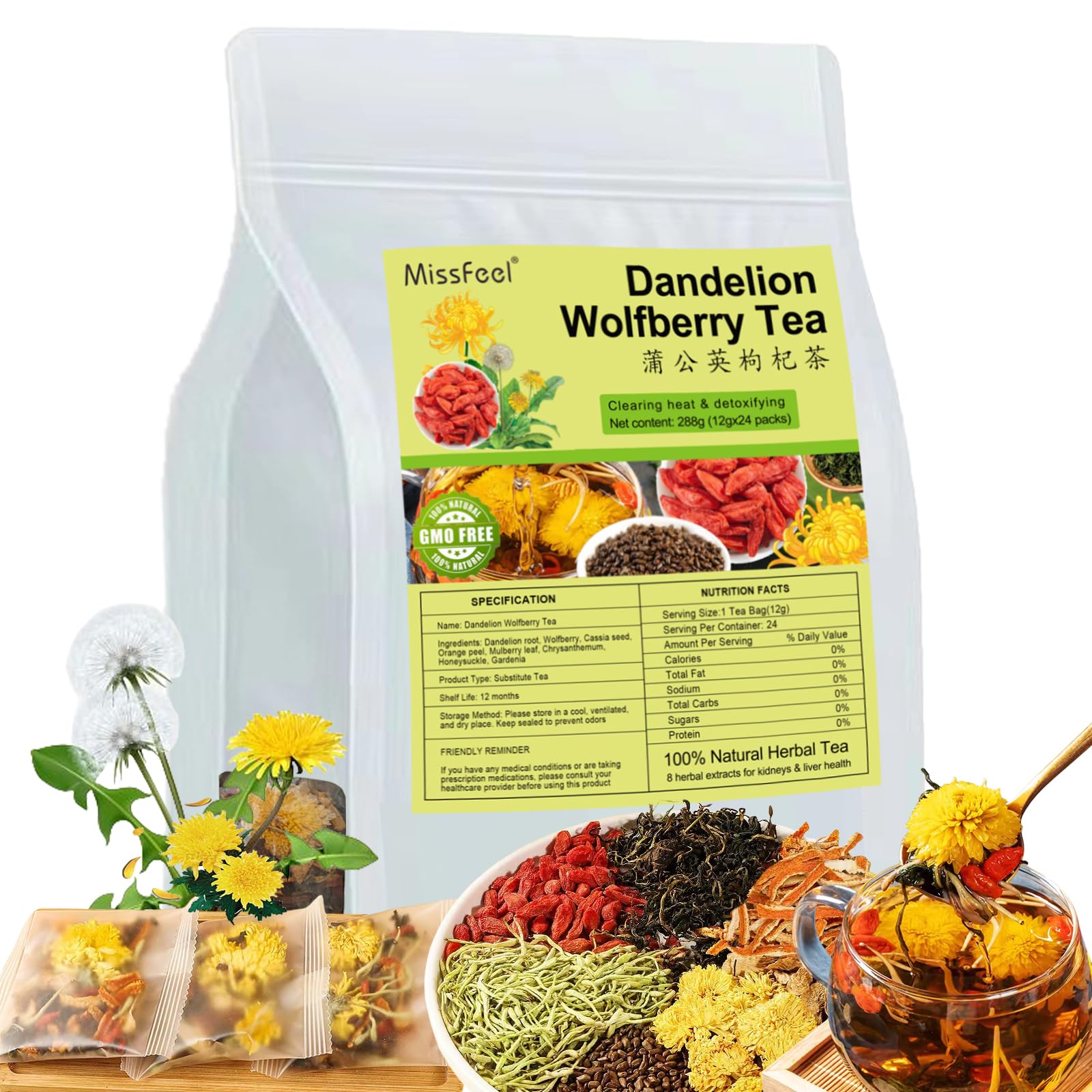 Dandelion Wolfberry Tea, 24 Pcs Natural Kidney& Liver Detox Tea, 8 Chinese Herbal Ingredients Blend, Dandelion Wolfberry Organic, Cassia seed, Chrysanthemum, Honeysuckle (288g (12gx24 packs)