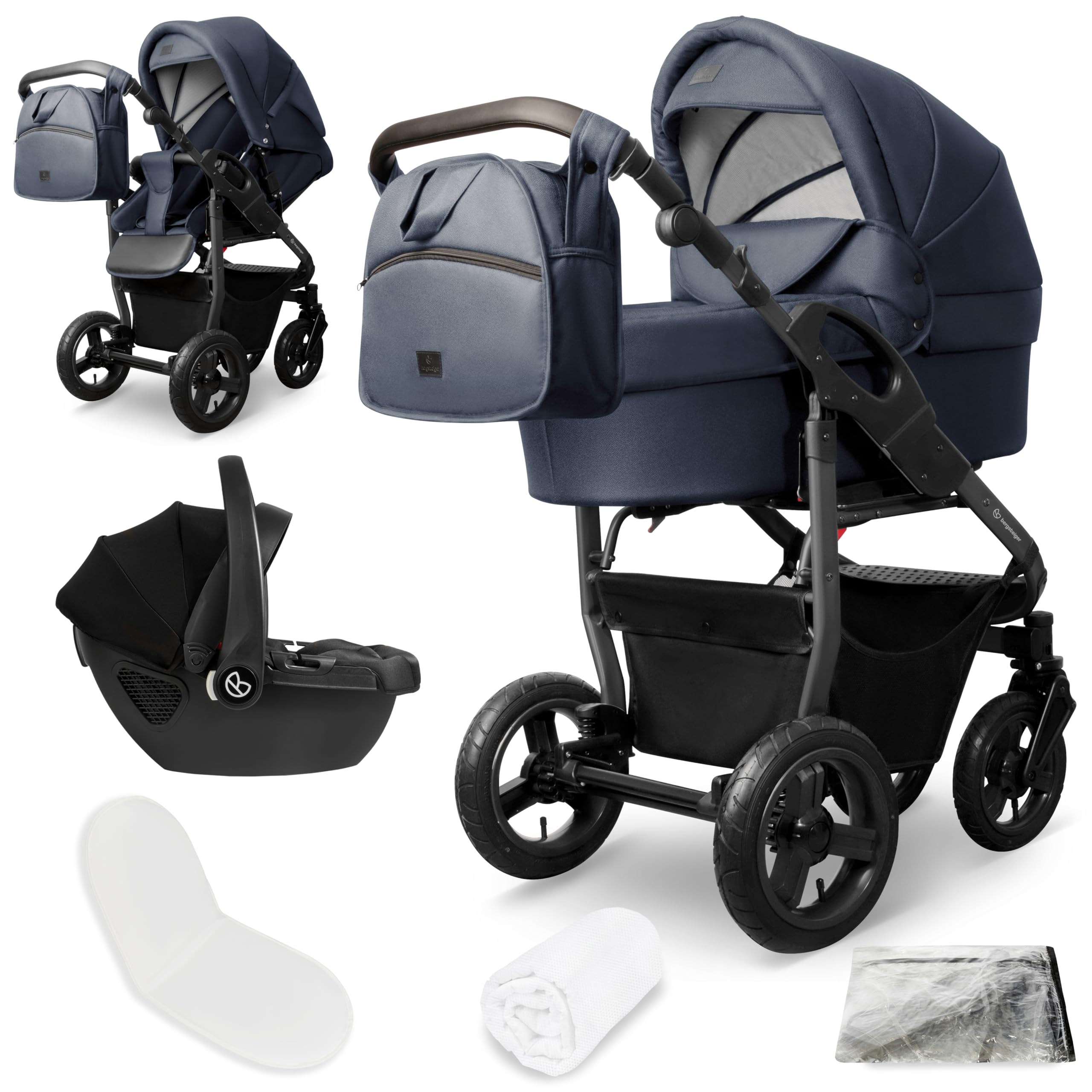 Bergsteiger Capri Kombikinderwagen 3-in-1 Babywanne Sportsitz Babyschale | Komfortables Reisesystem ab Geburt mit Luftreifen Rahmenfederung verstellbarem Griff Platzsparend faltbar und Wickeltasche