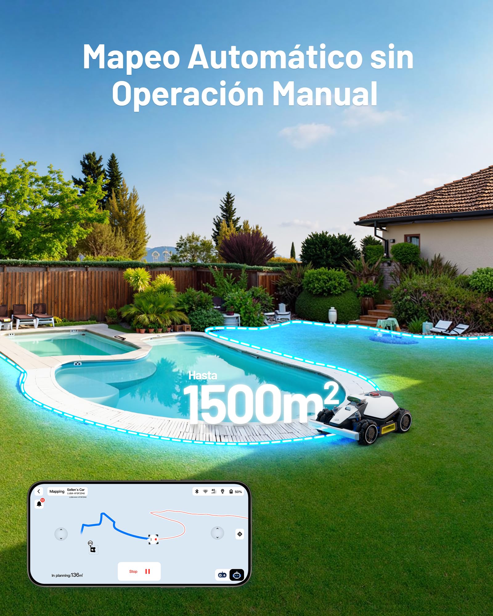 MAMMOTION LUBA Mini AWD 800 Robot Cortacésped sin Cable Perimetral, Empf. 800m², MAX. 1000m², UltraSense AI Vision+RTK Auto-Mapping, Pendientes del 80%, Altura de Corte 20-65mm