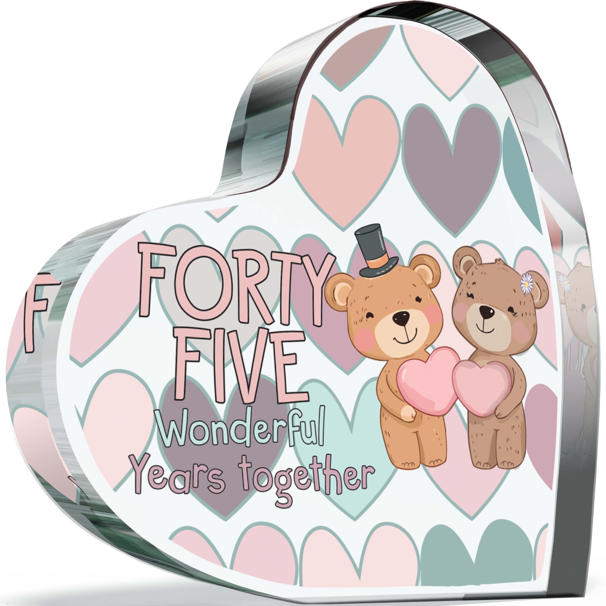Giftzie Women's 45 Th Anniversary Plaque Gifts For Wife Husband - Wonderful Years - I Love You Romantic Acrylic Heart Gift For Men, 100Mm Cute Teddy Bears Present For Couples Forty-Fifth Anniversaries