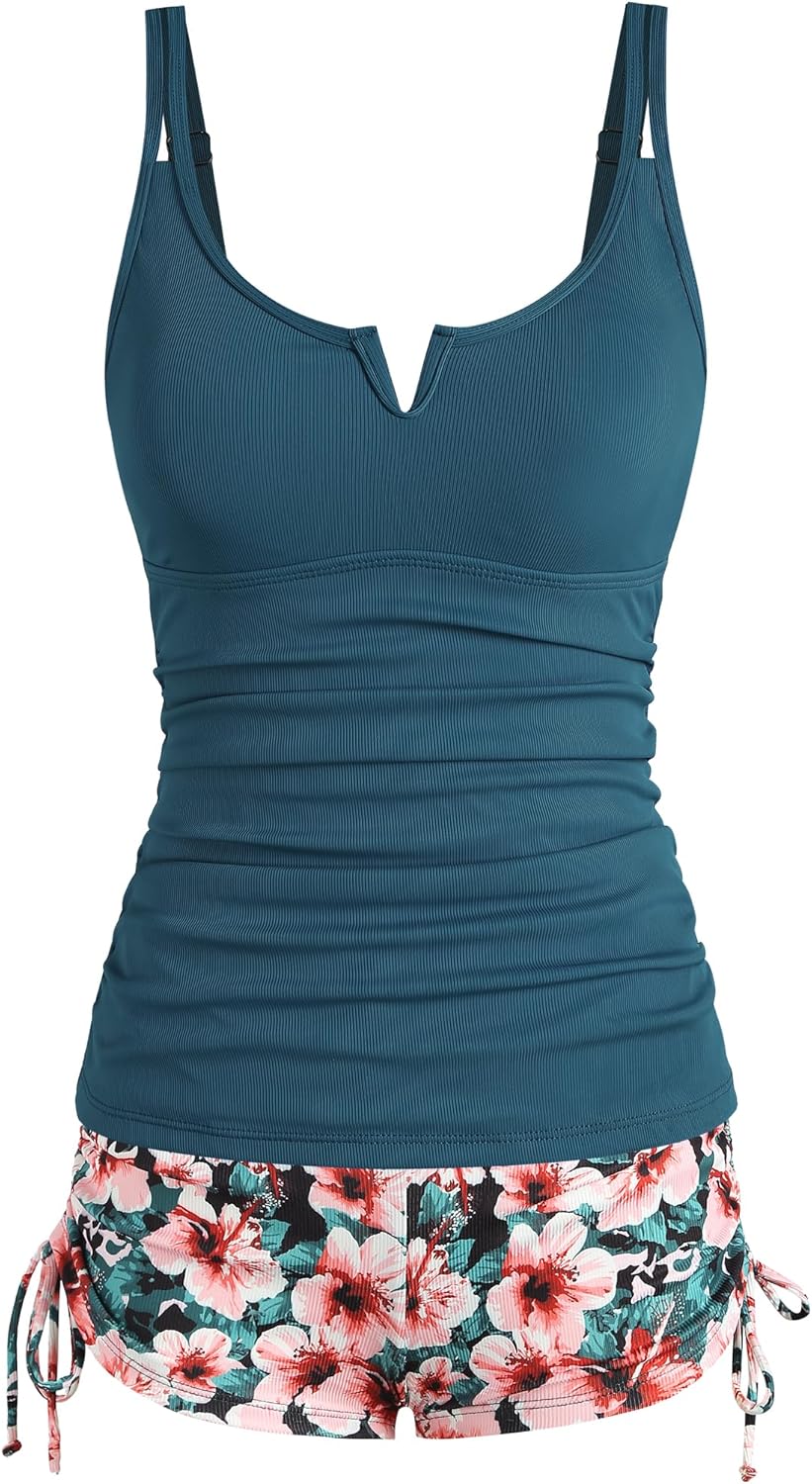 ZAFUL Women's V-Wire Tankini Swimsuits Tummy Control Ruched Top Two Piece Bathing Suits with High Waisted Shorts - Image 2