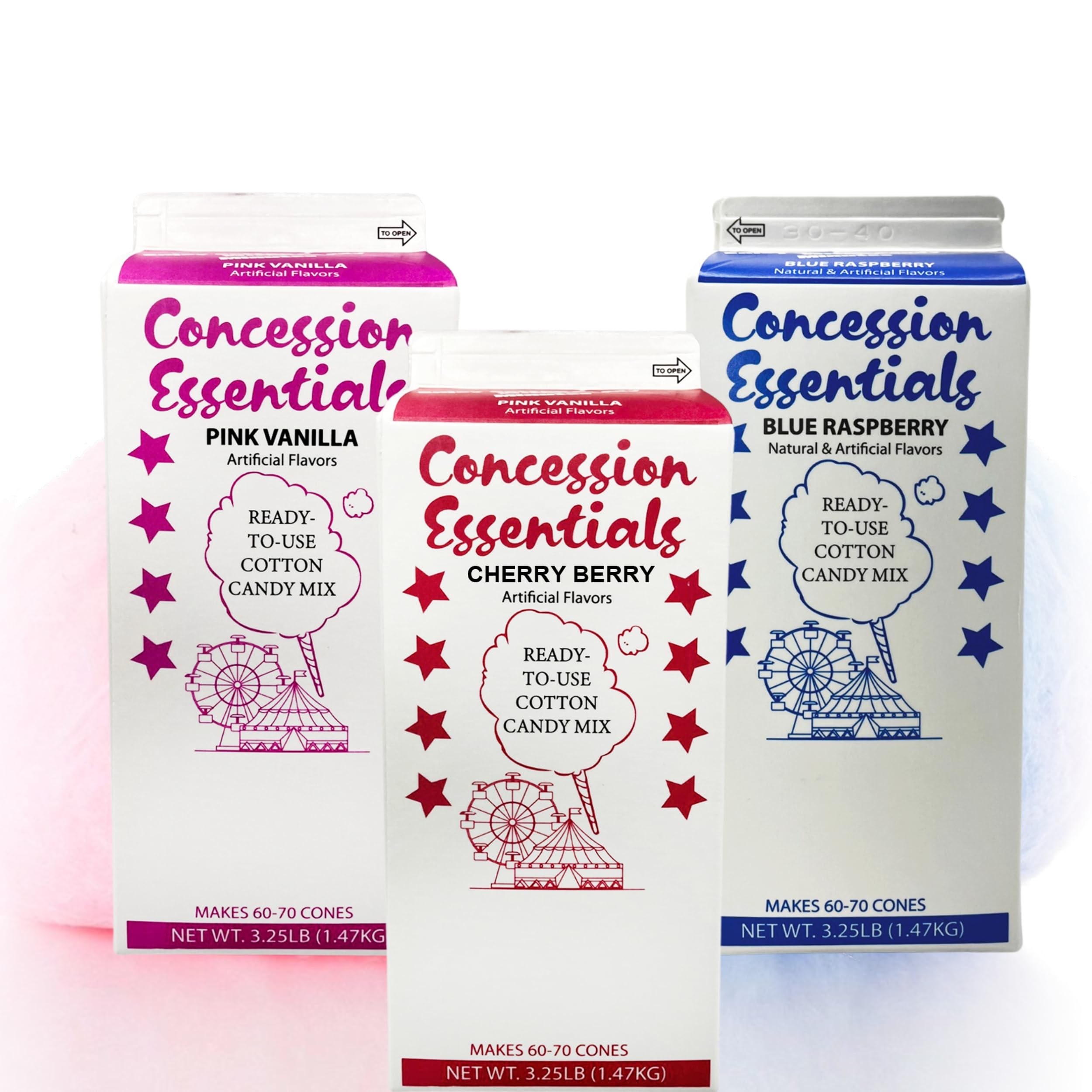 Cotton Candy Floss Sugar Concession Essentials Blue Raspberry Cherry Pink Vanilla - 3 25 lbs Per Carton Total