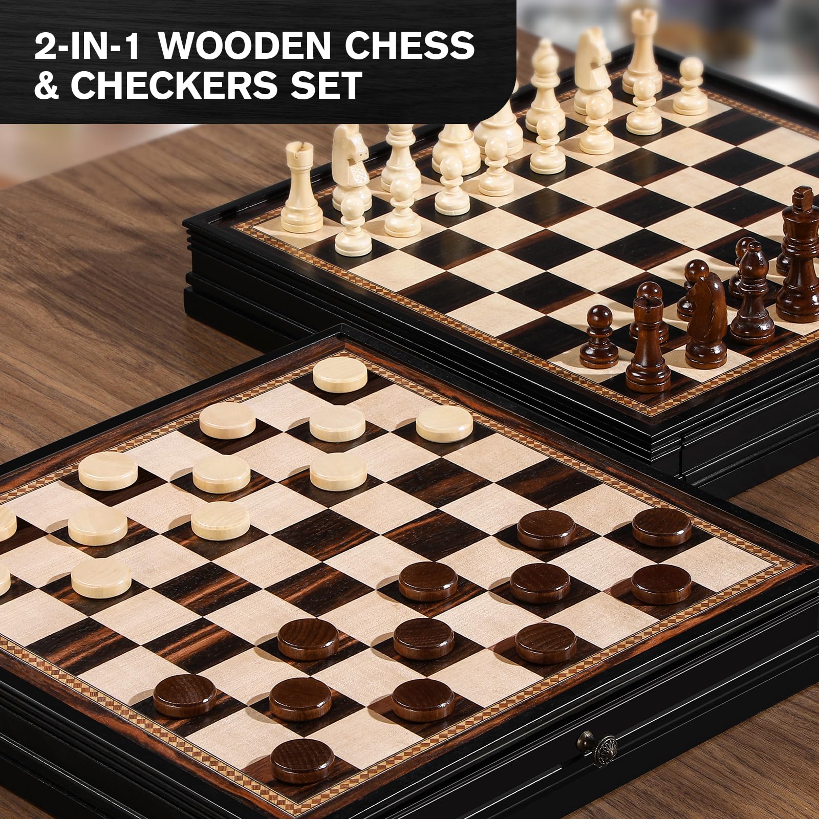 Peradix Magnetic Chess Checkers Board Sets with 2 Built-in Storage Drawers,15" Classic 2 in 1 Wooden Games with 2 Extra Queens for Kids and Adults,Travel Portable Chess Game Set - Image 3
