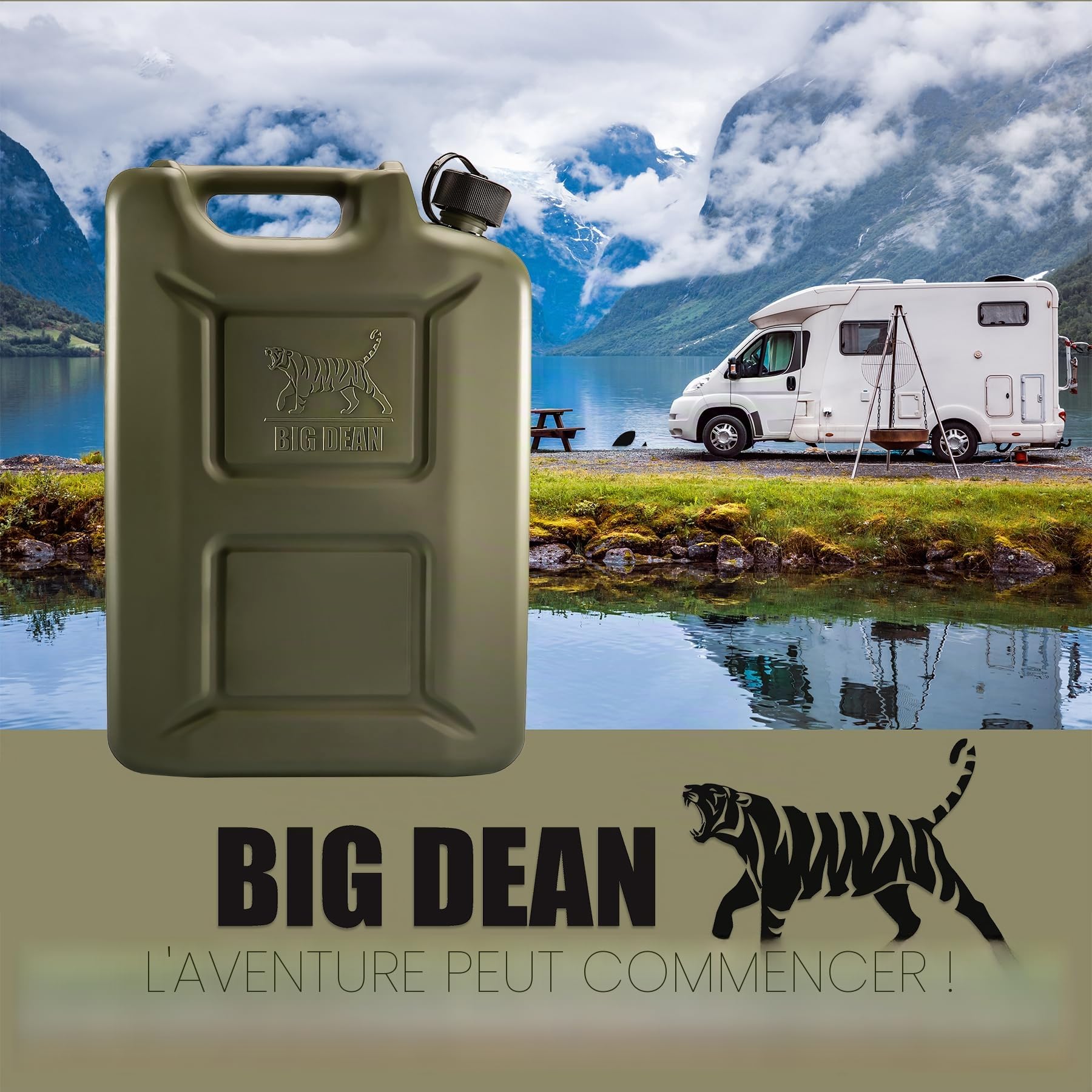 BigDean Lot de 5 bidons d'essence de 20 l en vert olive avec bec verseur flexible – Bidon de carburant pour essence et diesel – Bidon de réserve – Fabriqué en Allemagne
